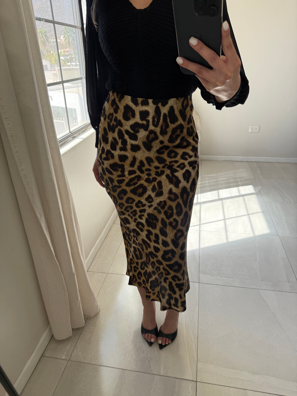 Leopard Satin Midi Skirt