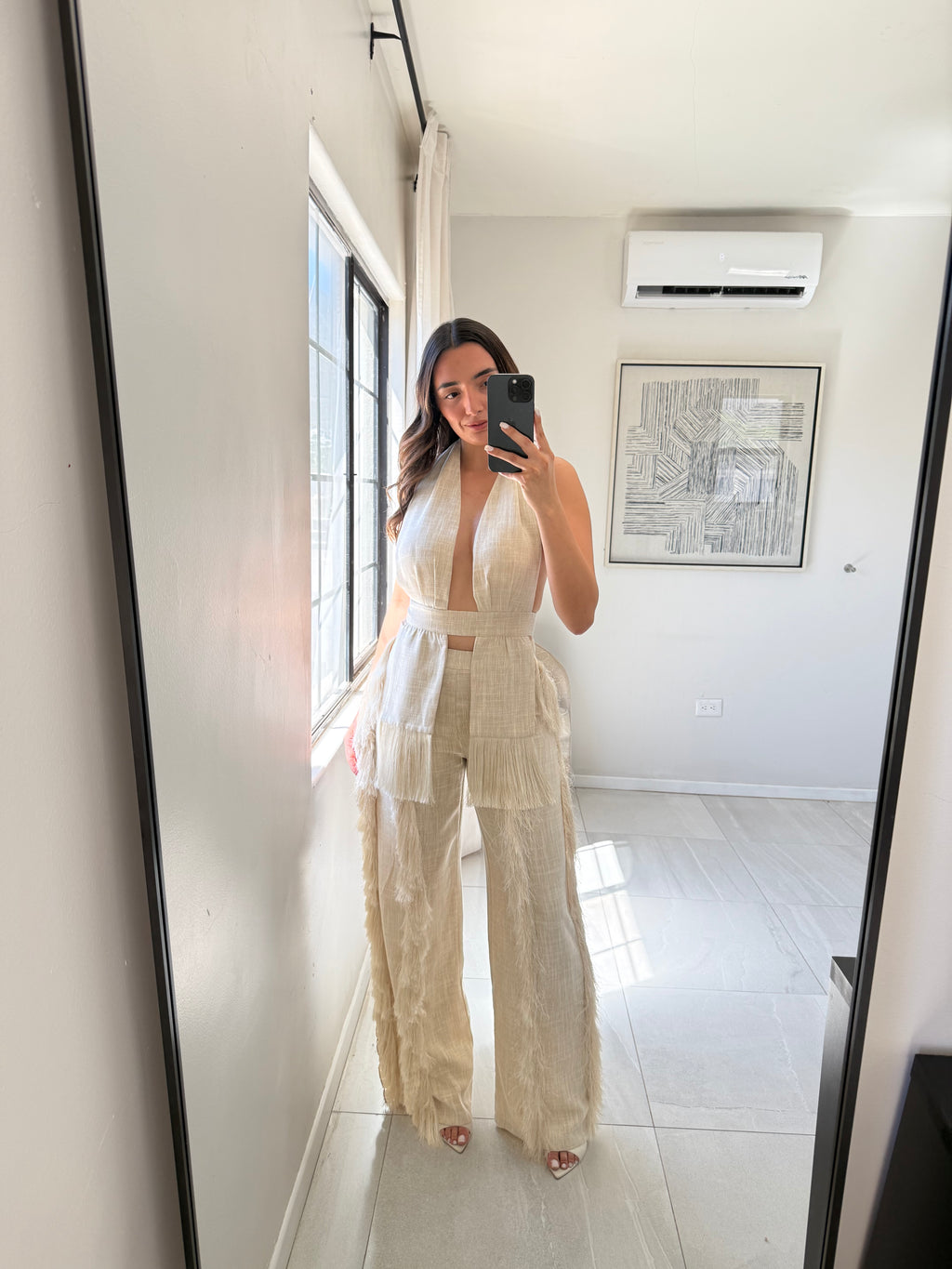 Natural Linen Set Fringe Detail