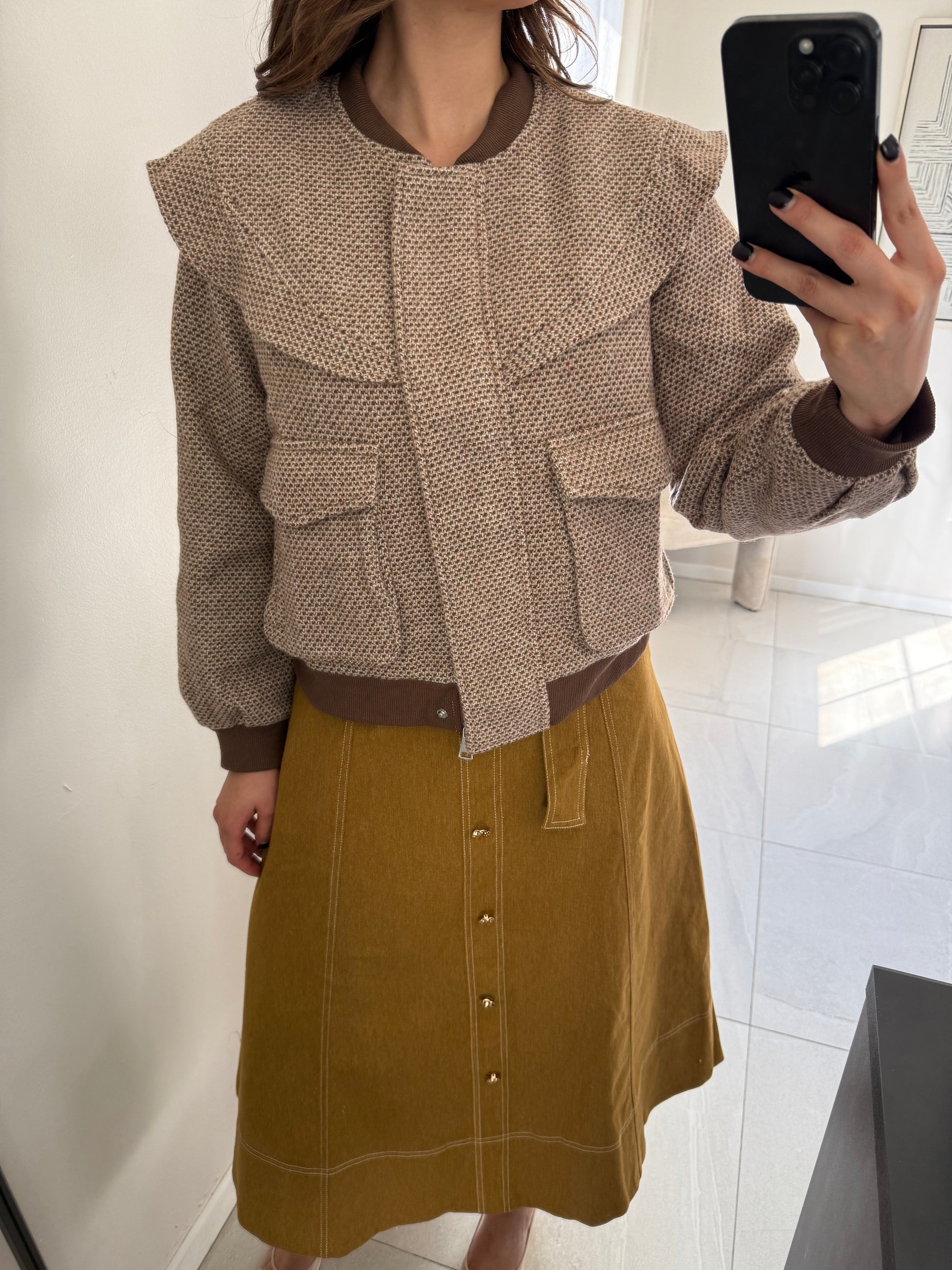 Taupe Ruffle Bomber Jacket