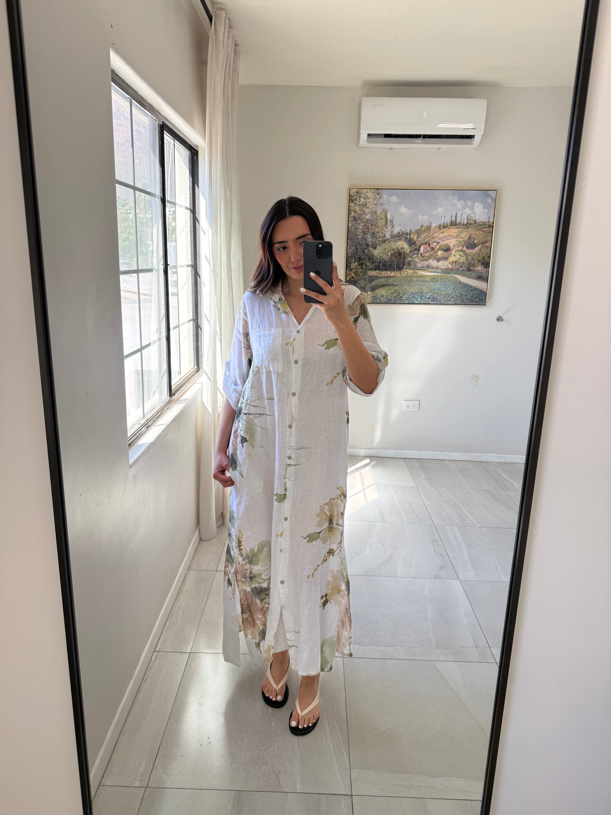 Button Down Magnolia Flowers Maxi Dress (White)
