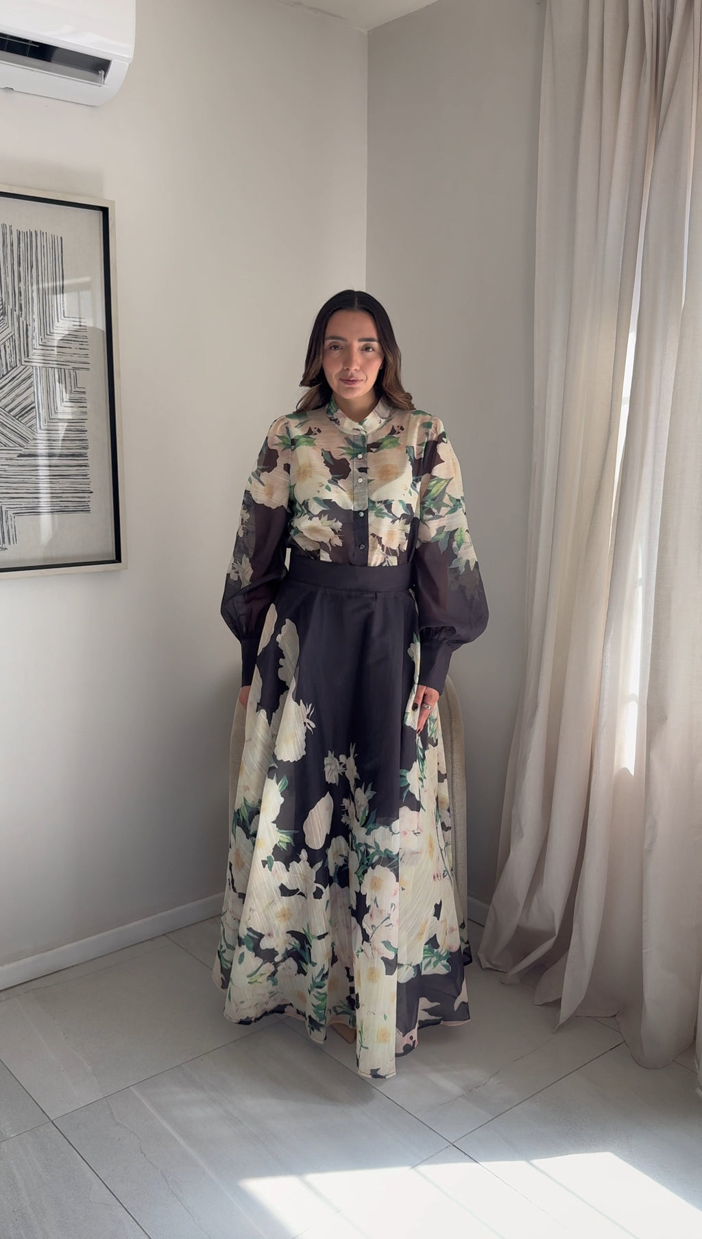 Shirt Dress Set Black Floral