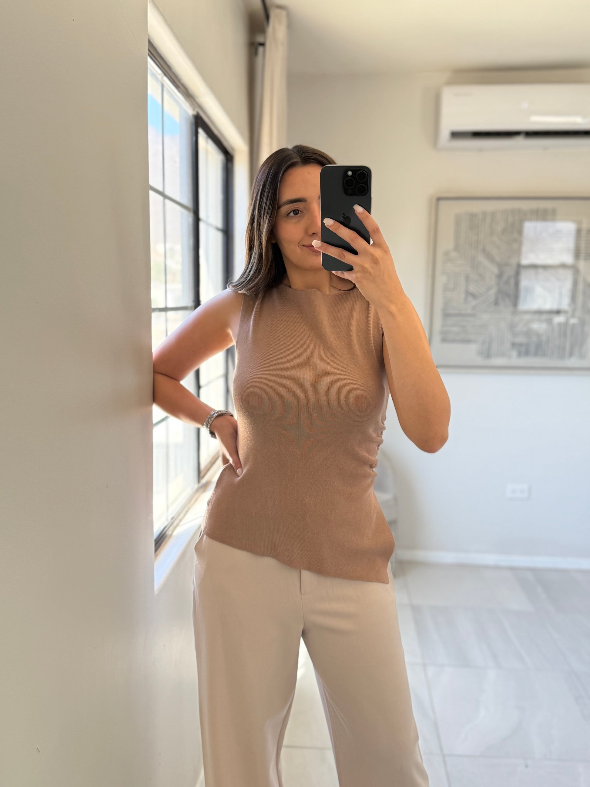 Light Mocha Asymmetrical Knit Top