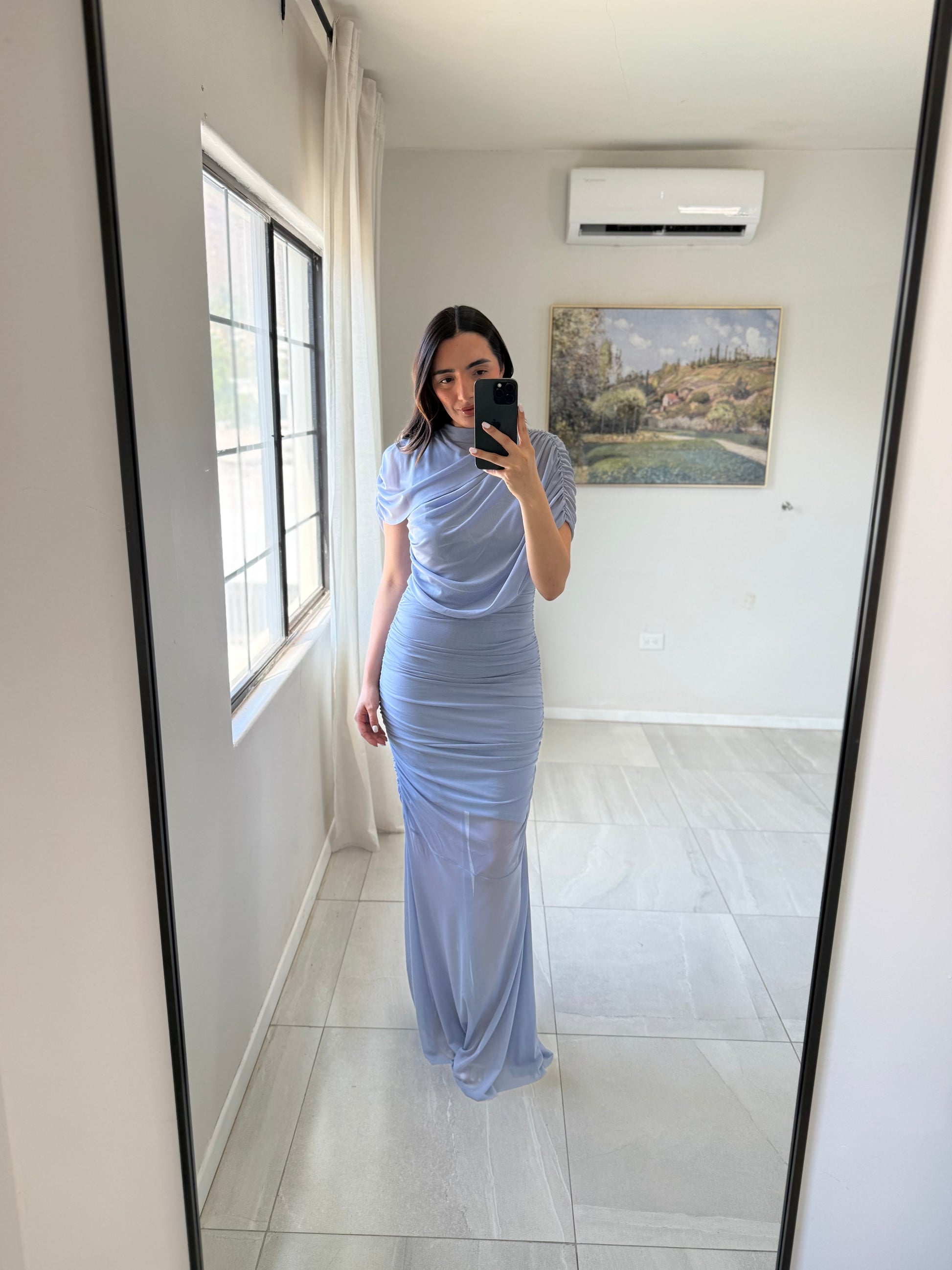 Blue Diagonal Ruch Flare Dress