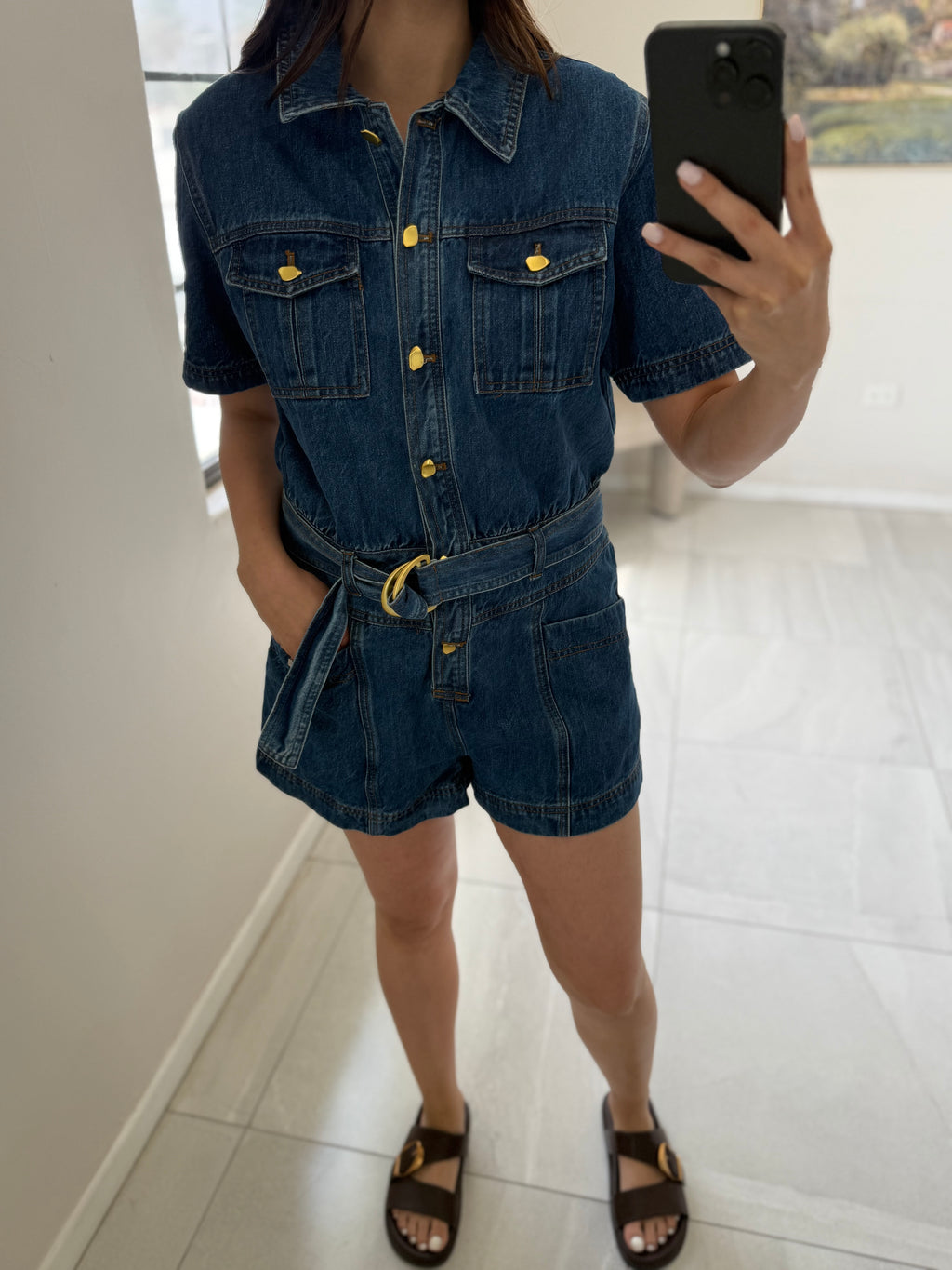 Denim Romper Gold Button