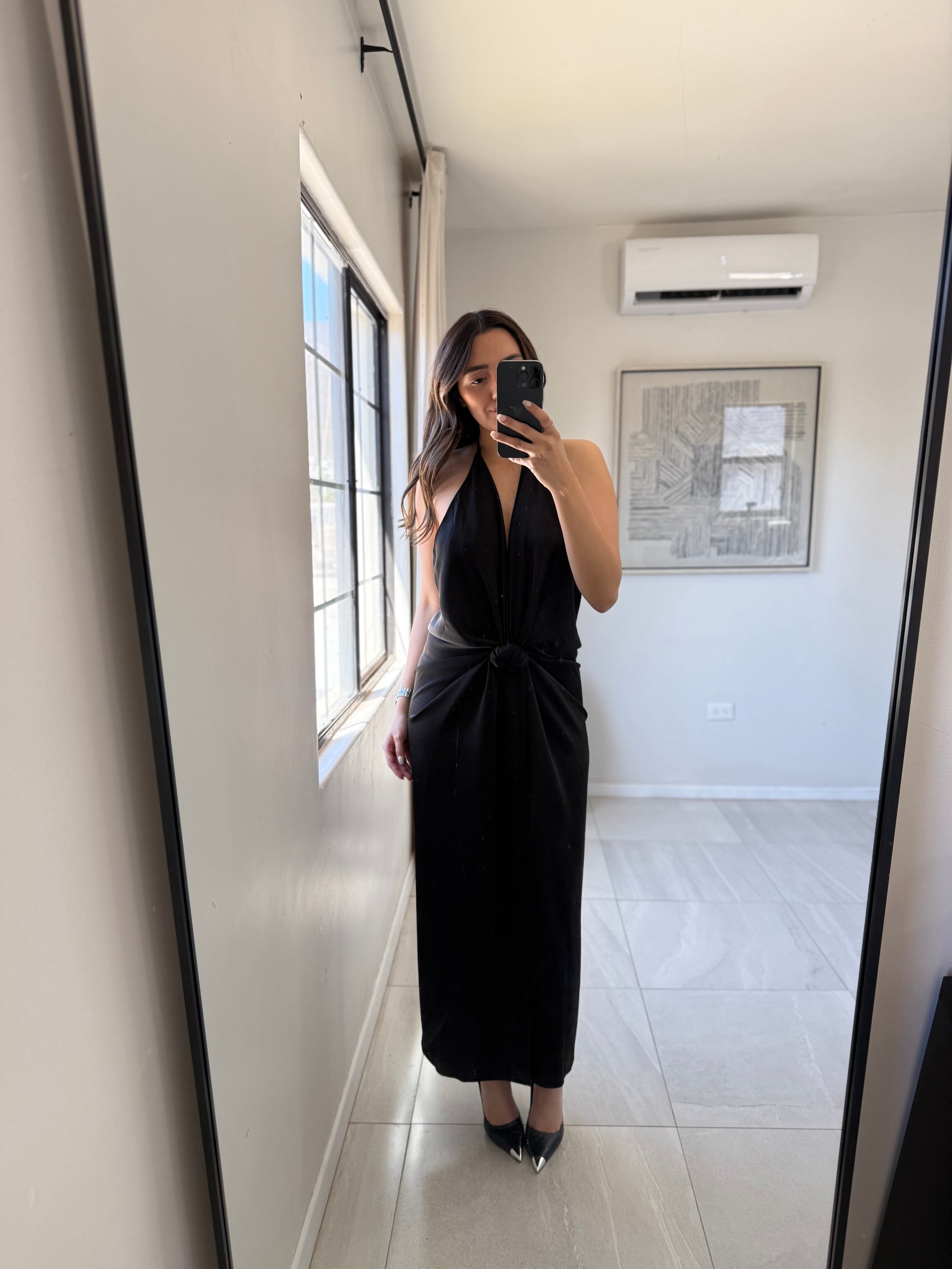 Black Knotted Midi Halter Dress