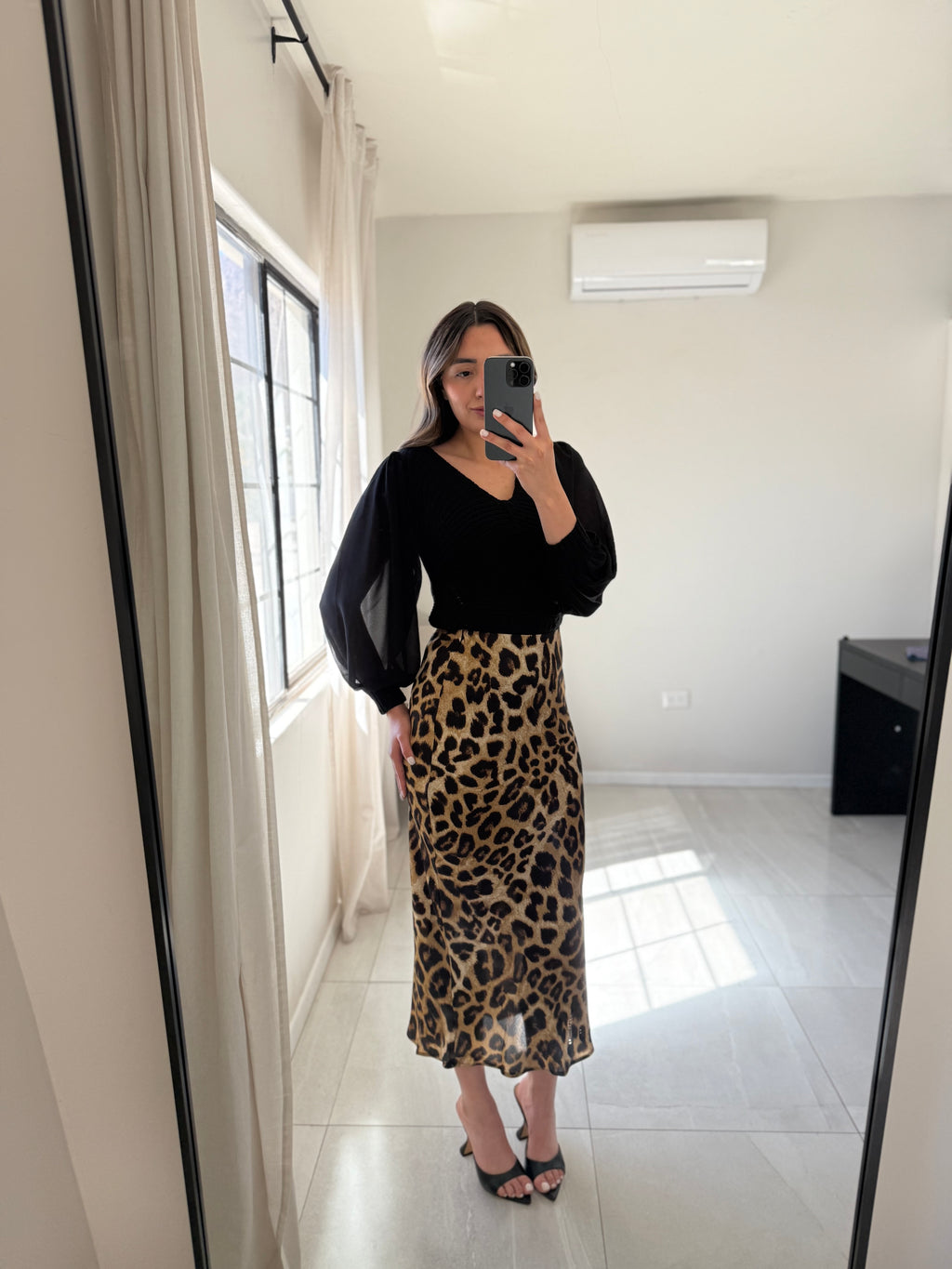 Leopard Satin Midi Skirt