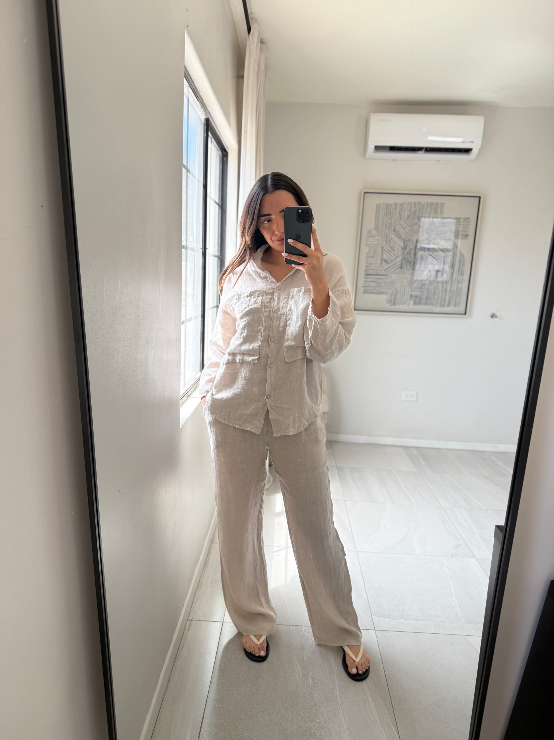 Button Down Sleeve Set Beige