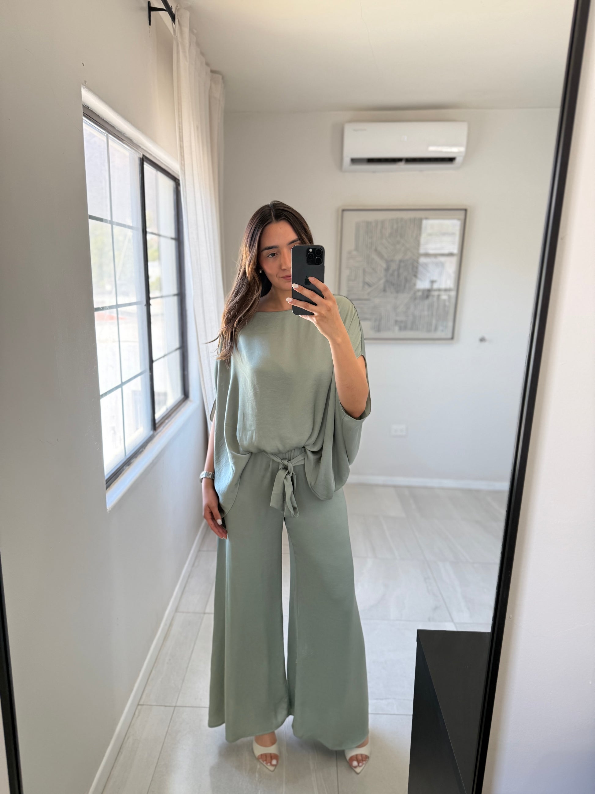 Washed Poly Boat Neck Set Sage