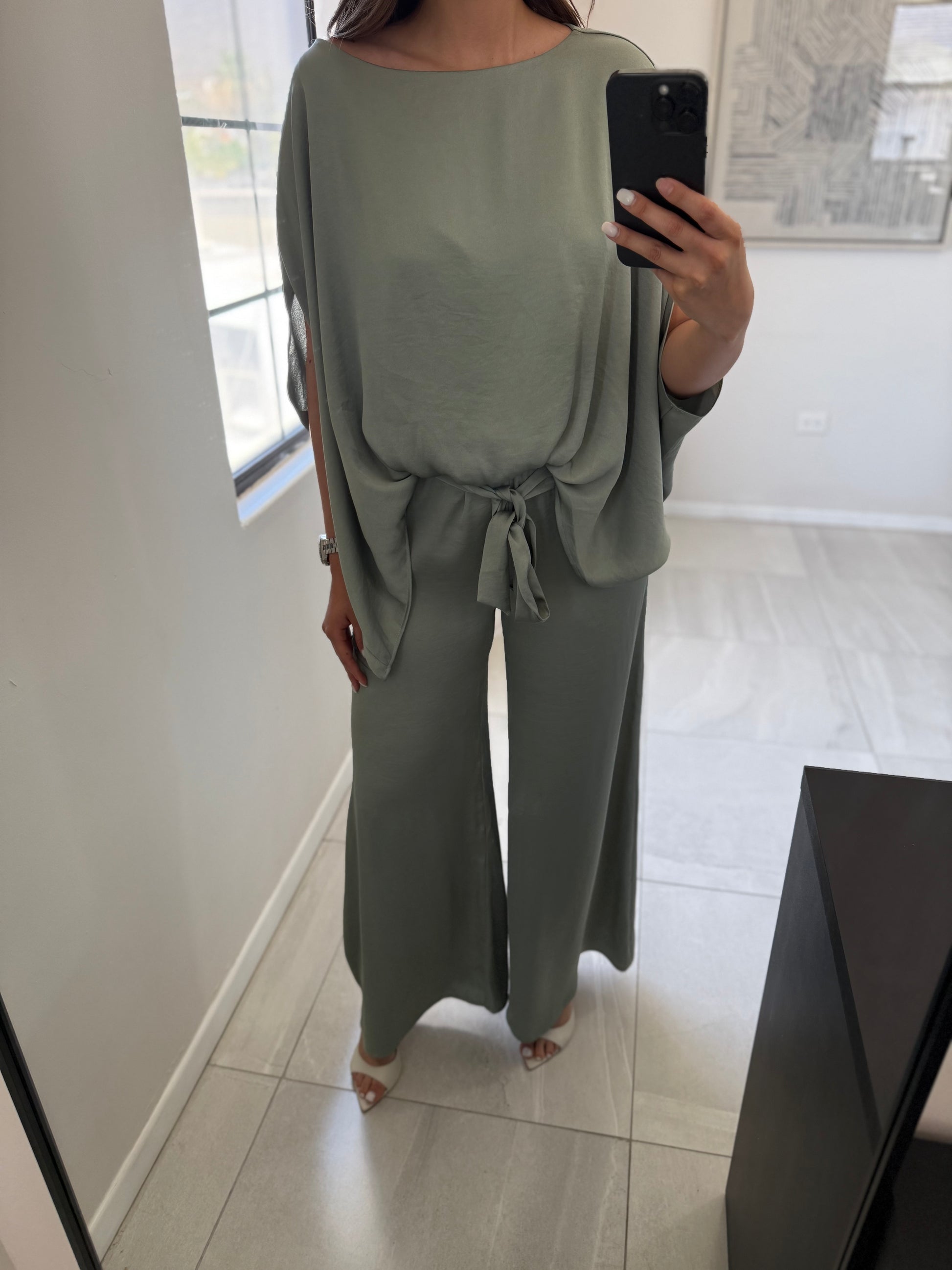 Washed Poly Boat Neck Set Sage