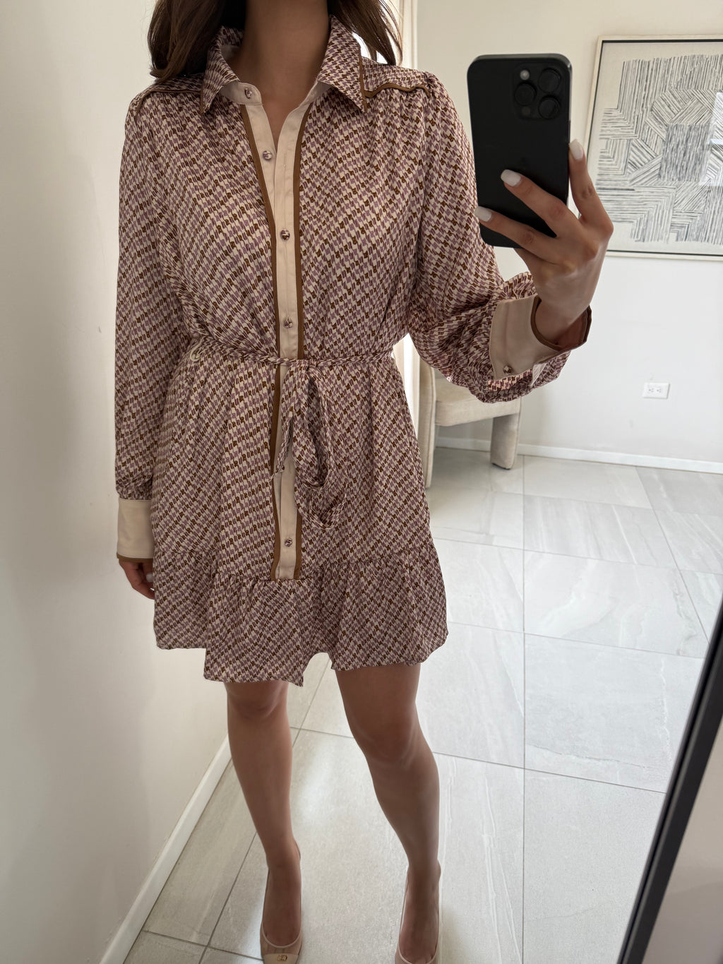 Vestido Satín Geométrico Beige Café