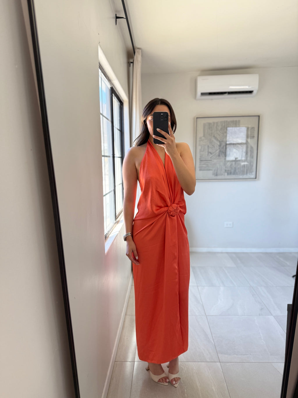 Orange Knotted Midi Halter Dress