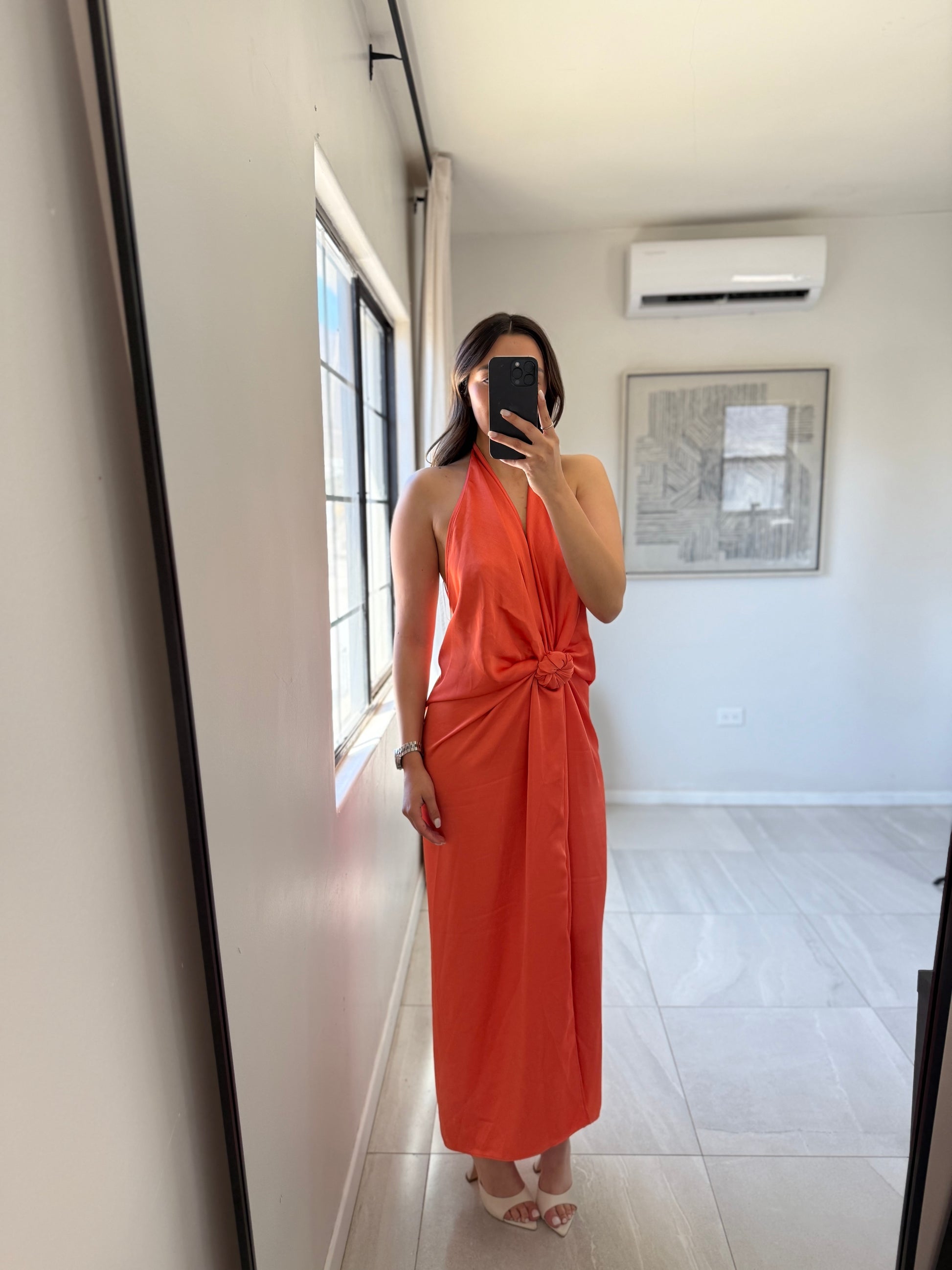 Orange Knotted Midi Halter Dress