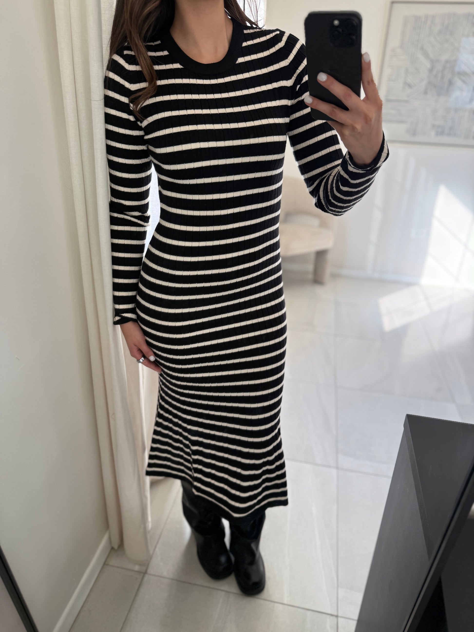 Black Strip Knit Midi Dress
