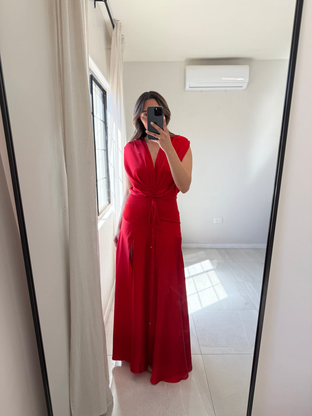 Red Satin Pleated Gown