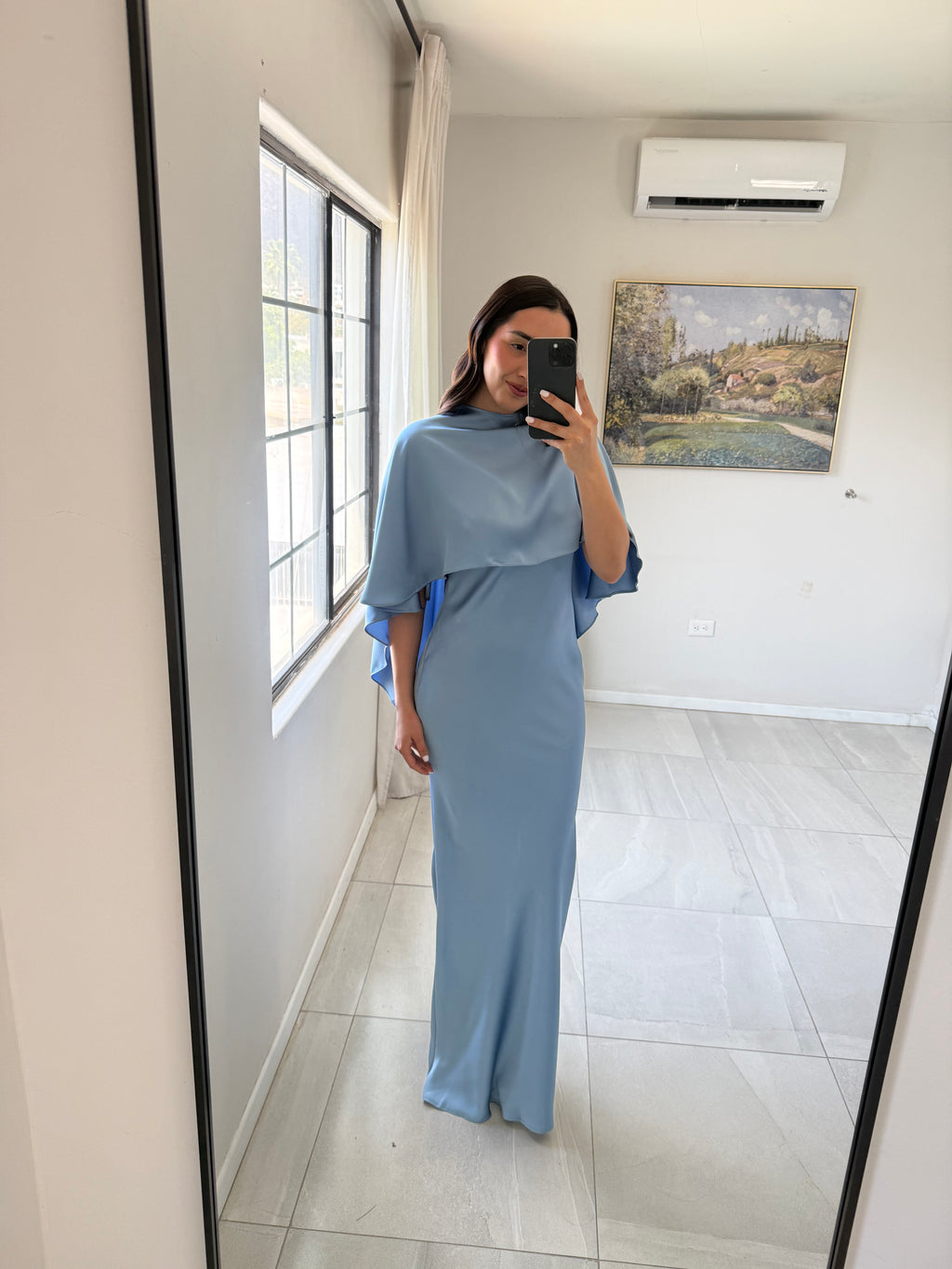 SkyBlue Fluid Cape Maxi Dress