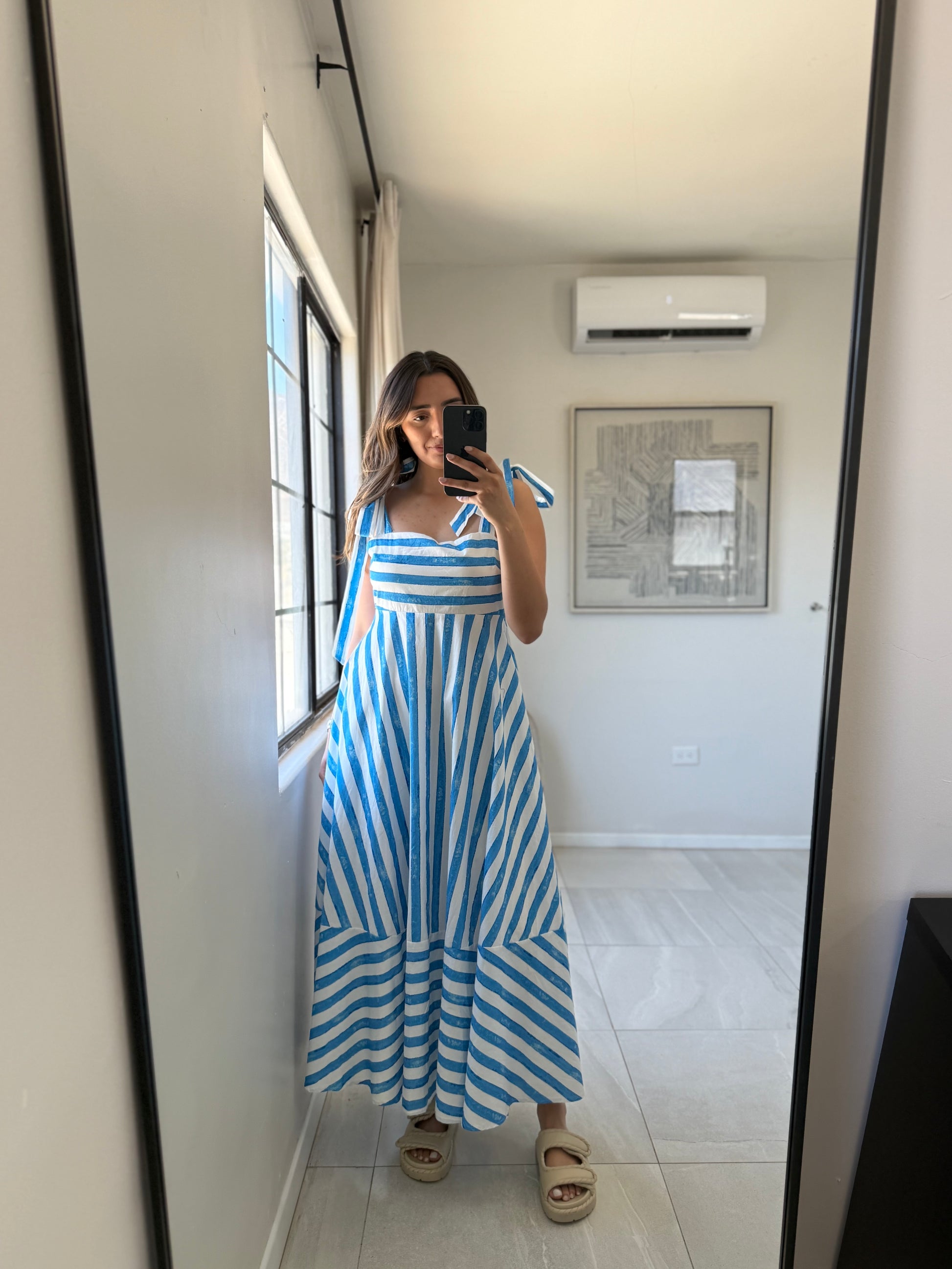 Blue/White Woven Midi Dress