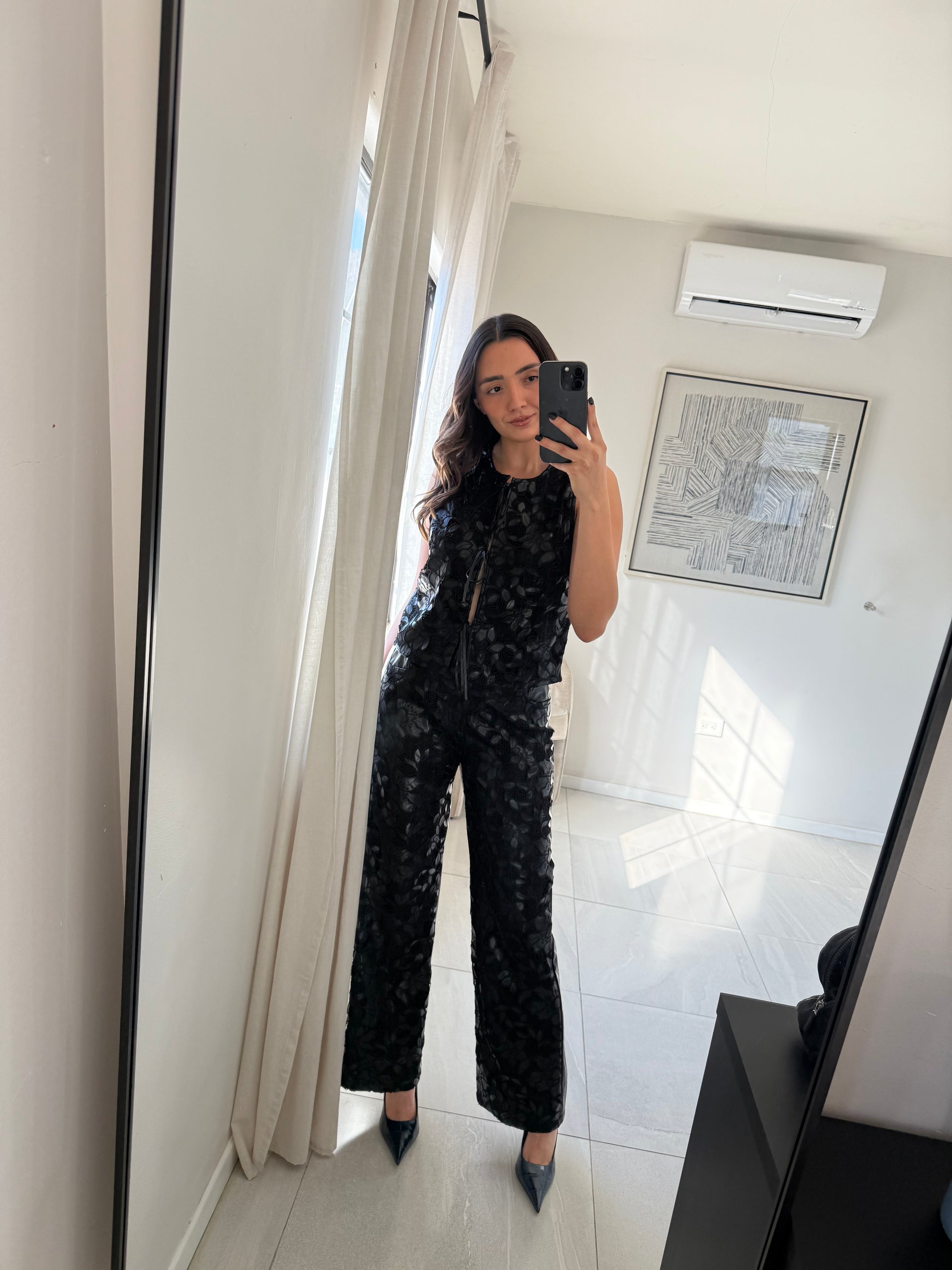 Black Faux Leather Lace Set