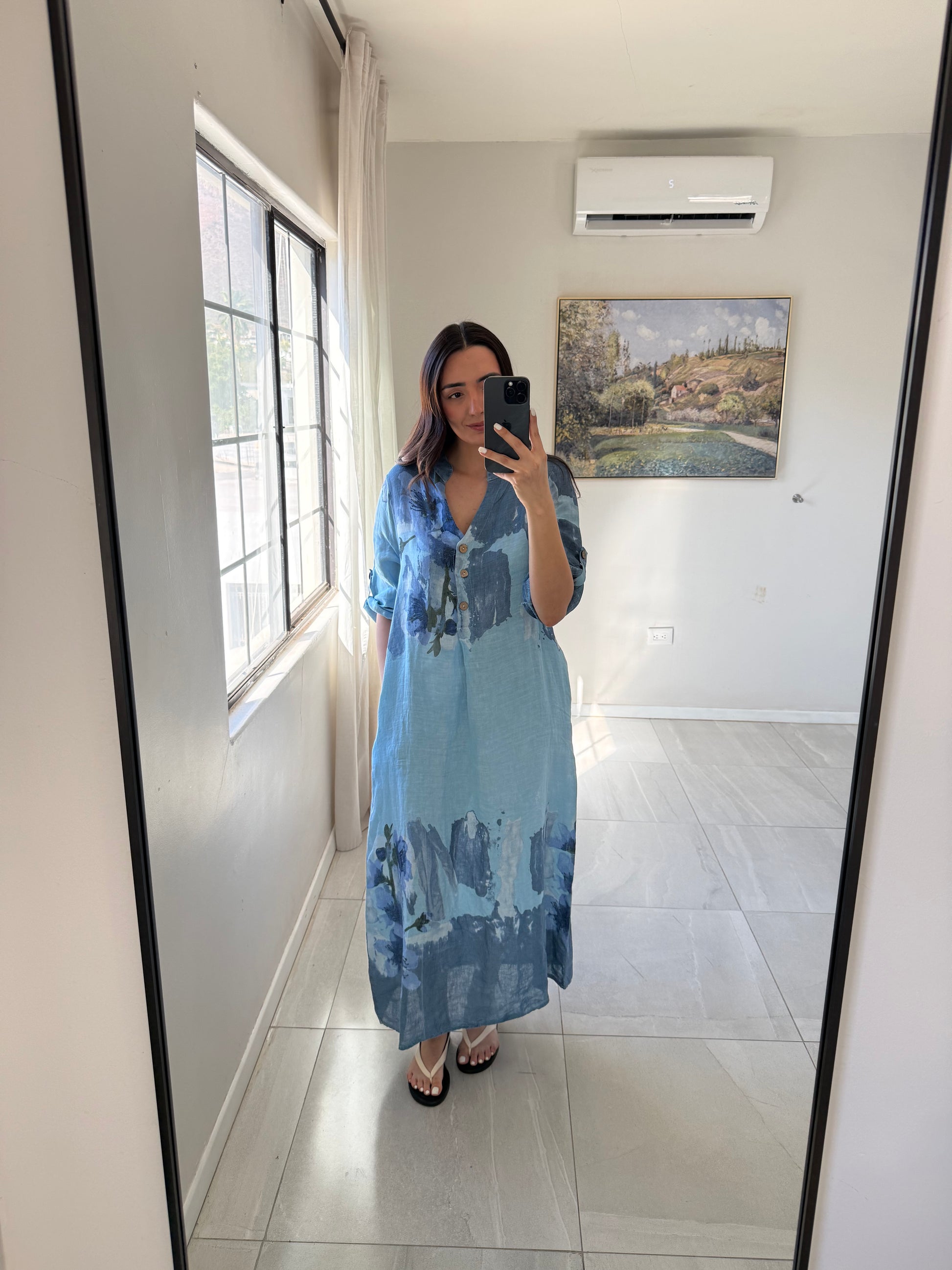 Floral Print Linen Maxi Dress Sky Blue