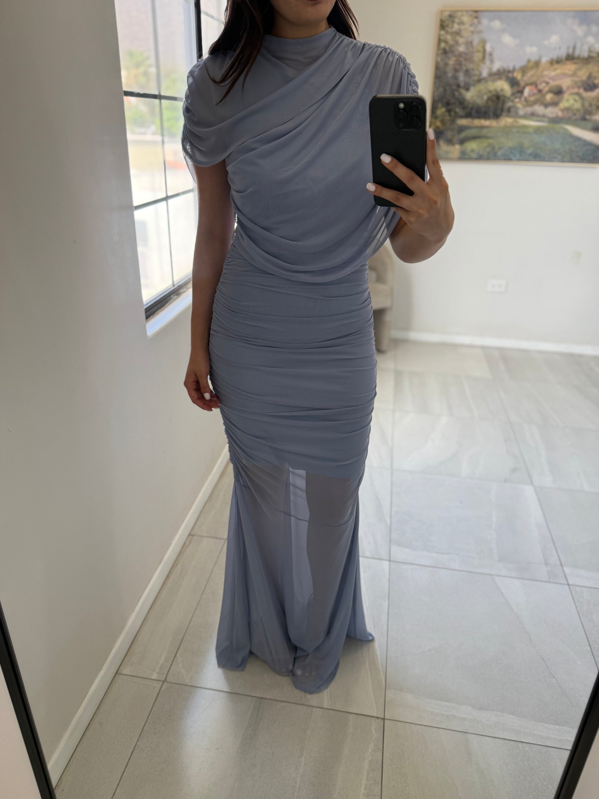 Blue Diagonal Ruch Flare Dress