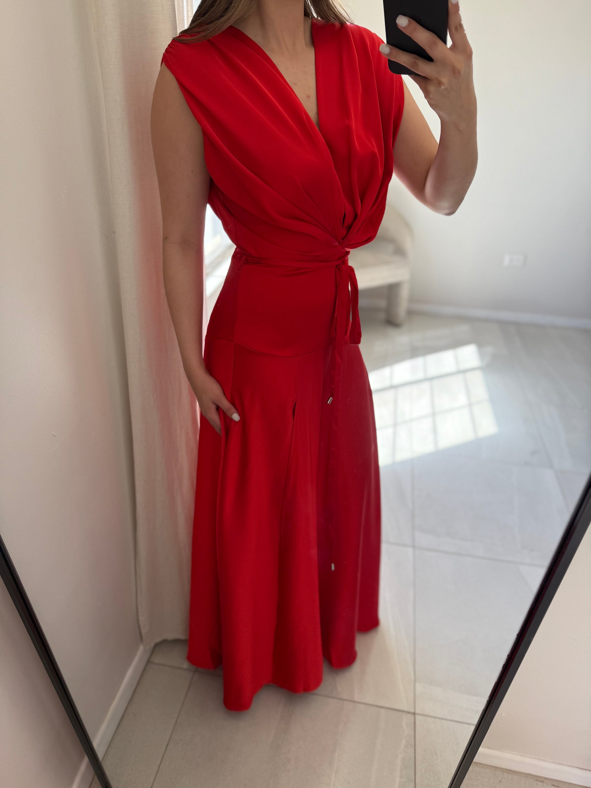 Red Satin Pleated Gown