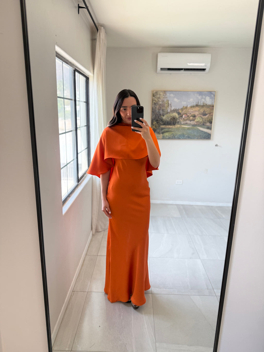 Orange Fluid Cape Maxi Dress