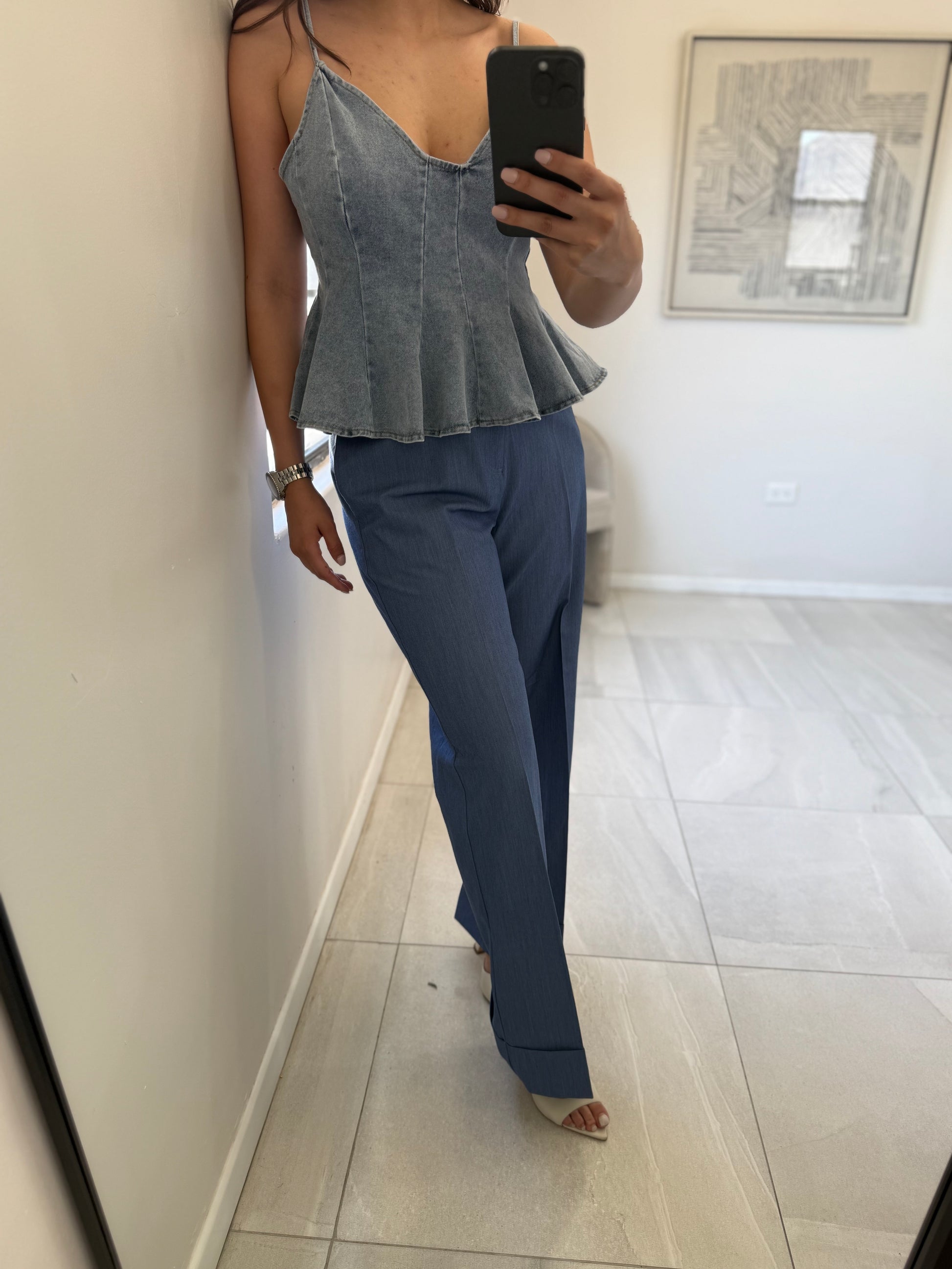 Denim Blue Wide Cuff Straight Pants