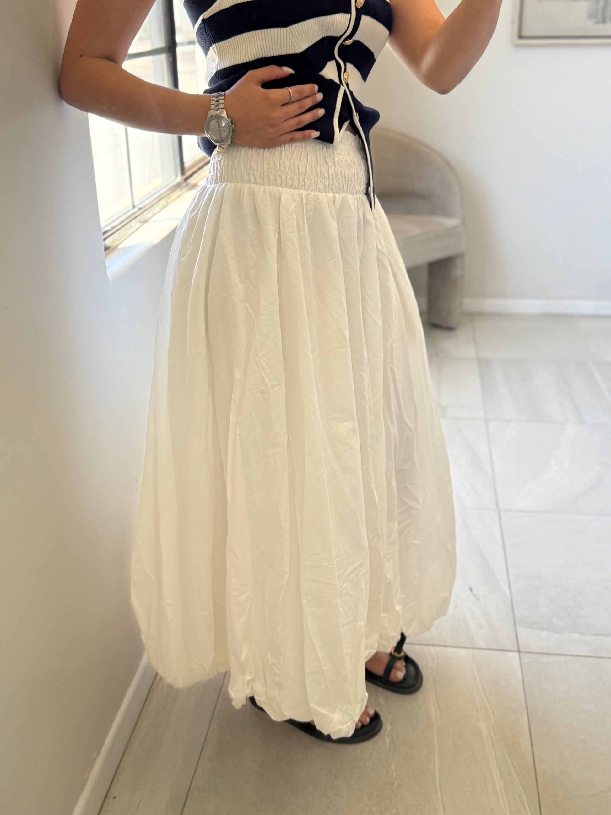 White Bubble Hem Midi Skirt