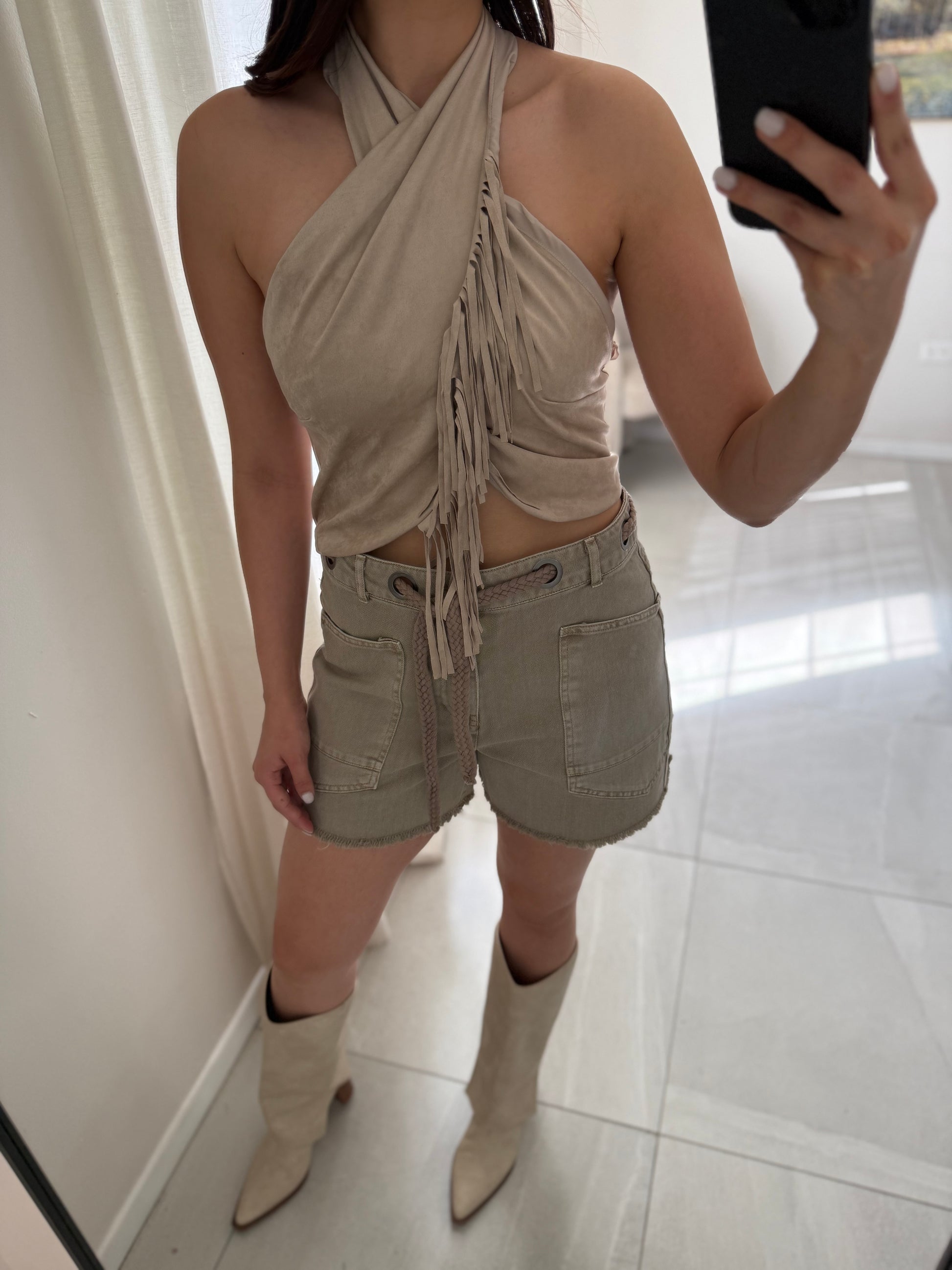 Taupe Halter Tassels Top