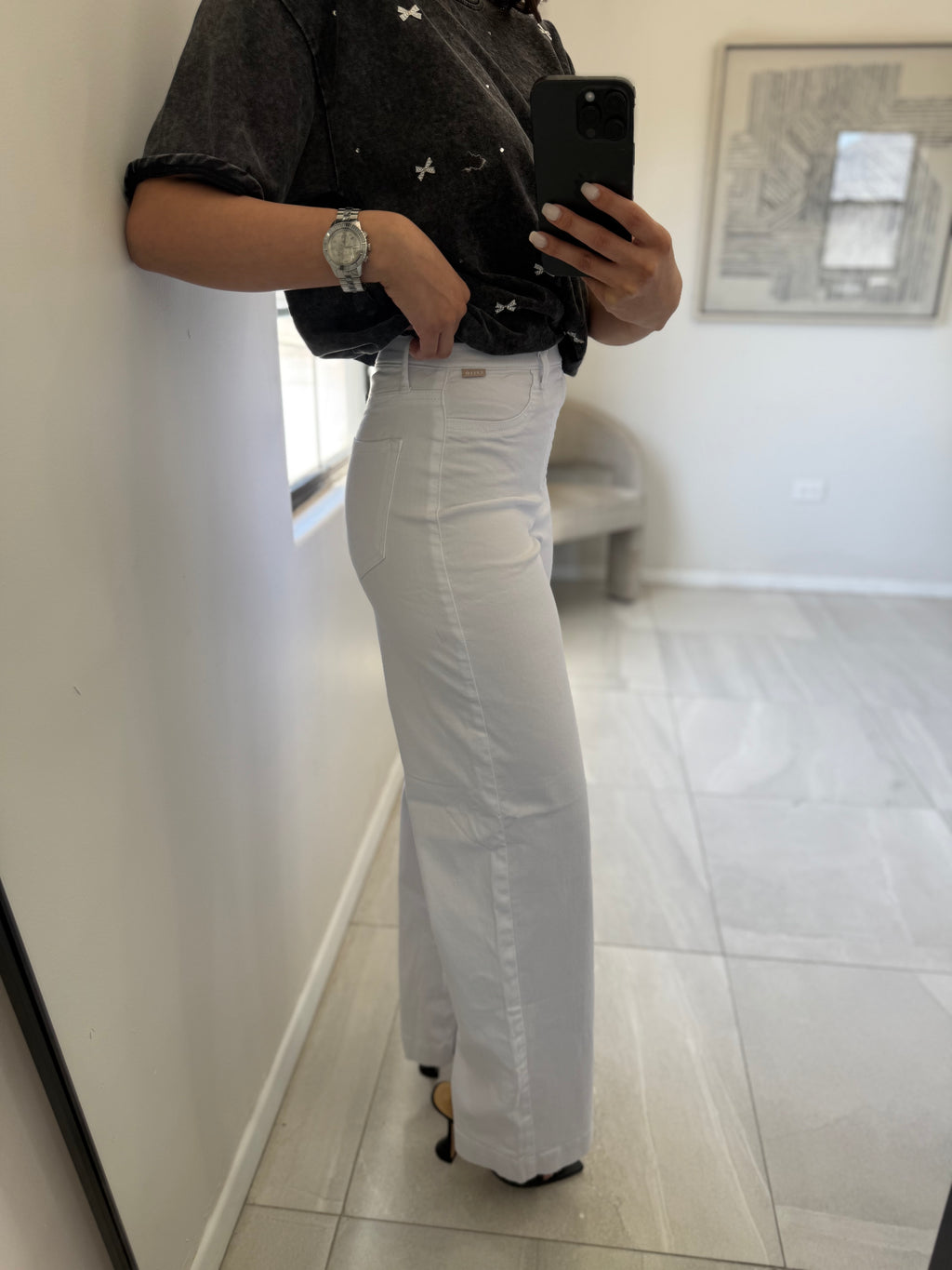 High Rise Pull On Wide Leg White