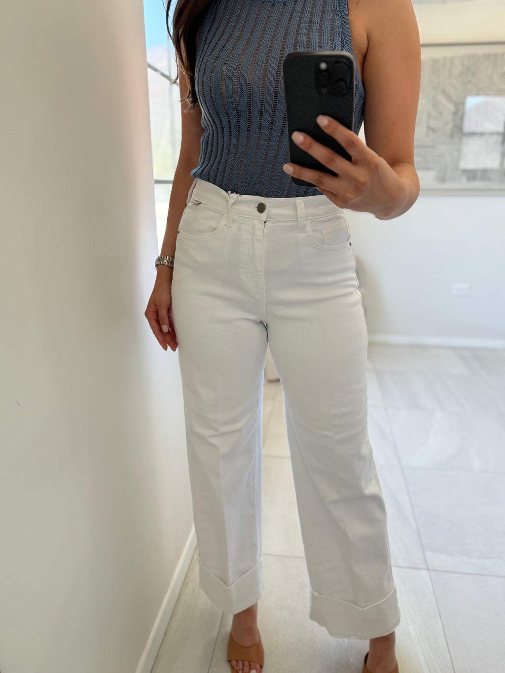 White High Rise Wide Leg Cuffed Hem