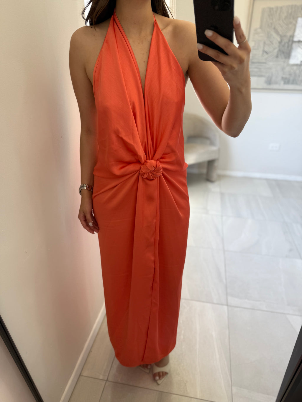 Orange Knotted Midi Halter Dress