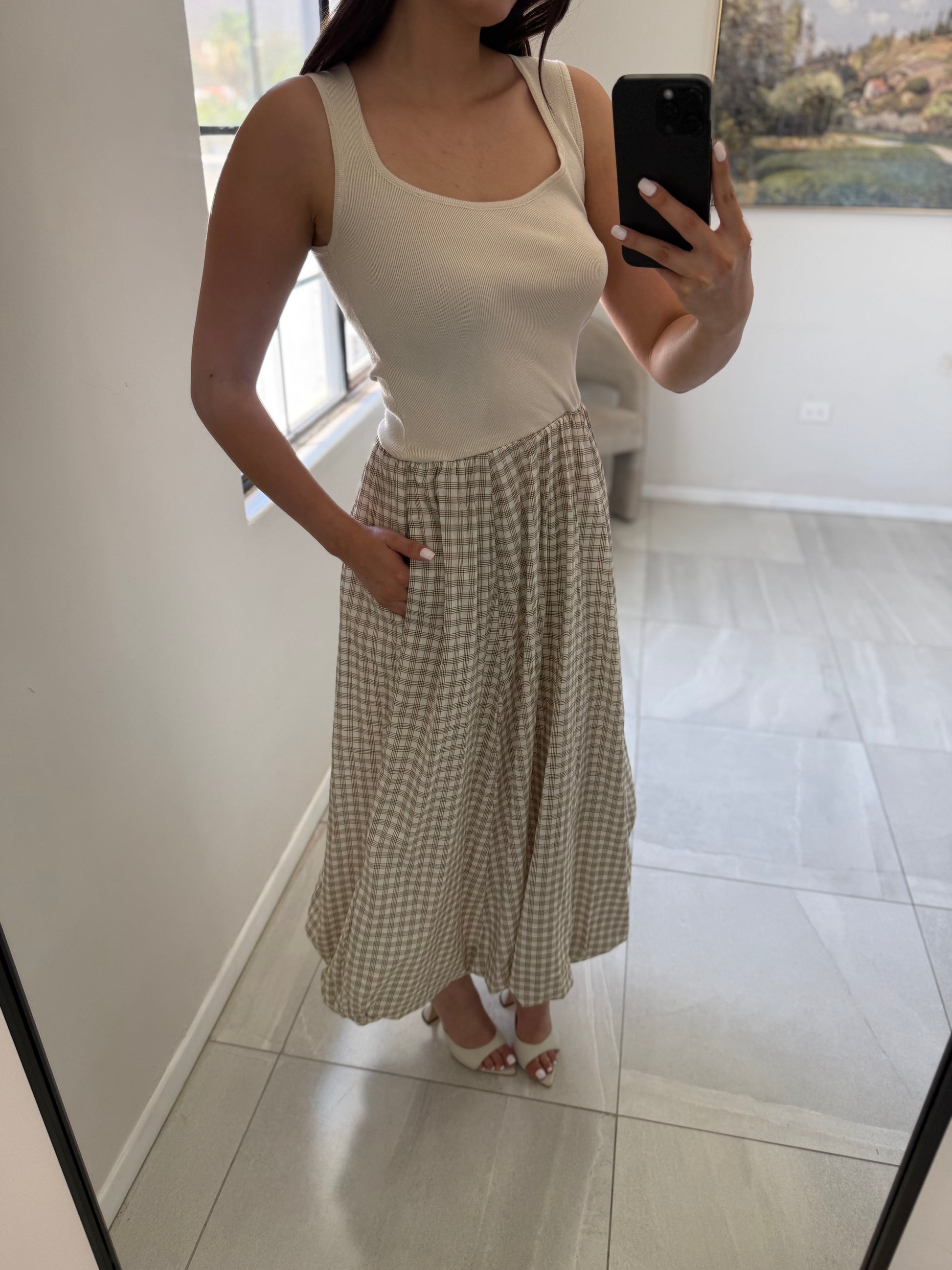 Cream Mixed Skirt Midi Dress
