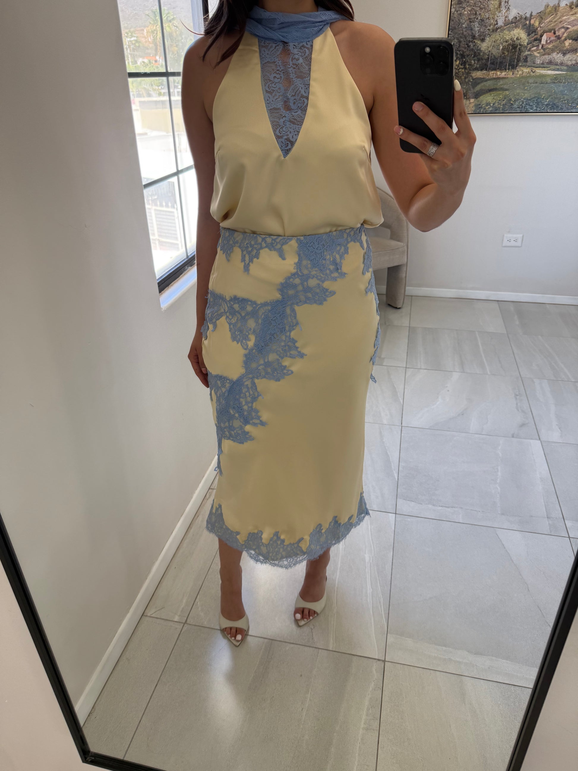 Yellow Satin Skirt Lace Set