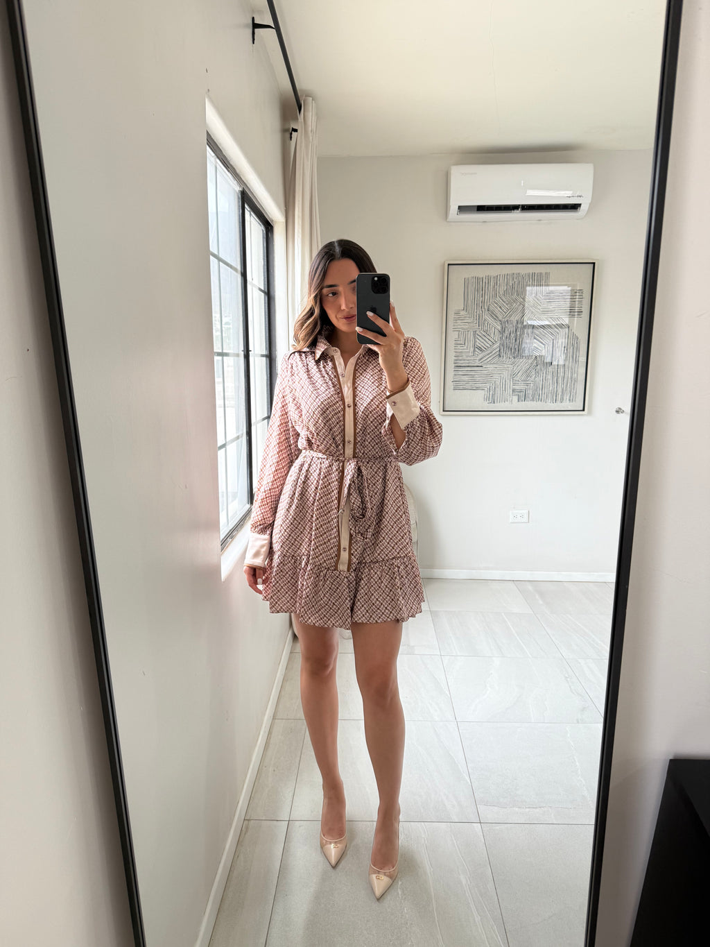 Vestido Satín Geométrico Beige Café