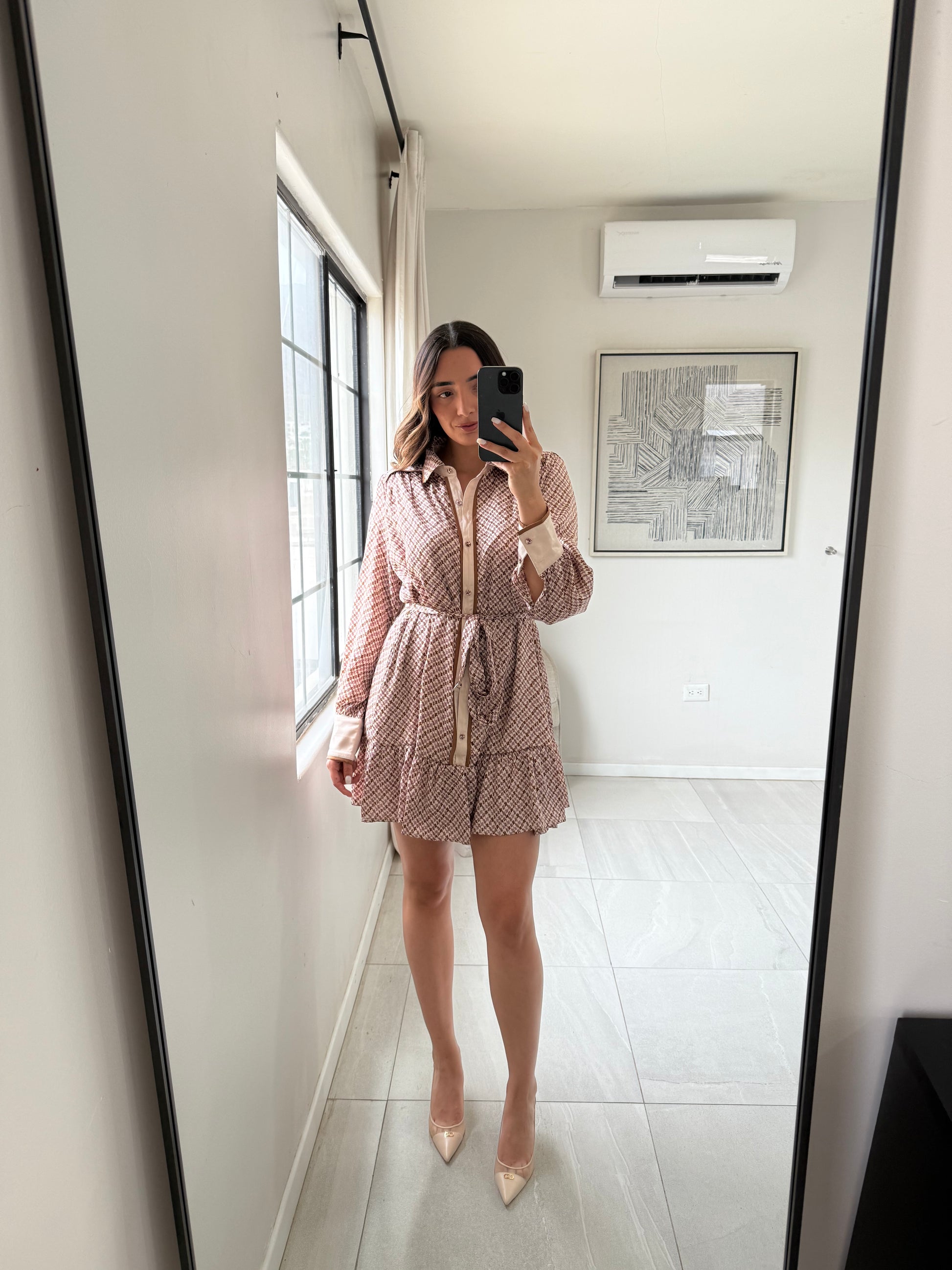 Vestido Satín Geométrico Beige Café