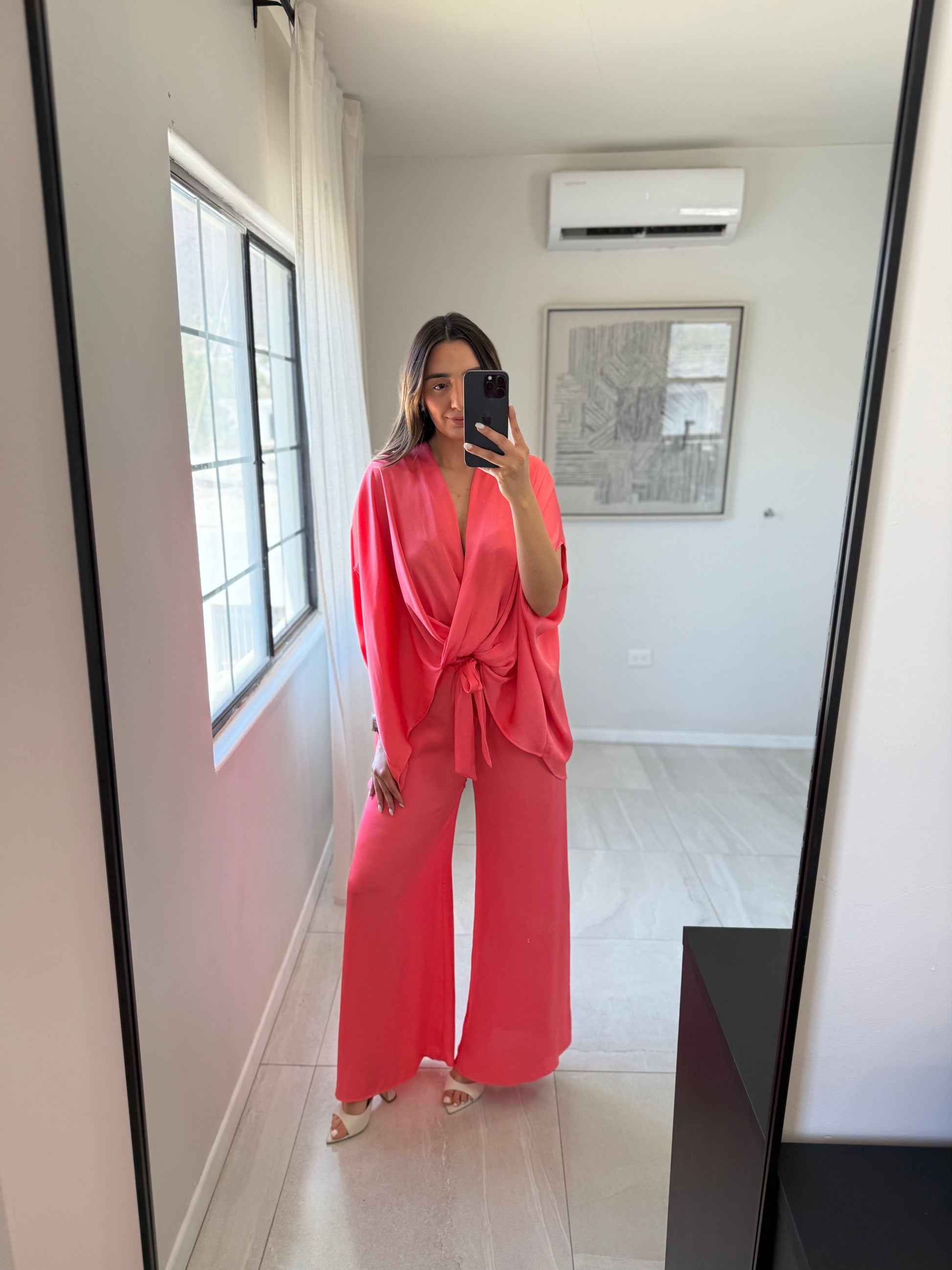 Washed Poly Caftan Set Coral