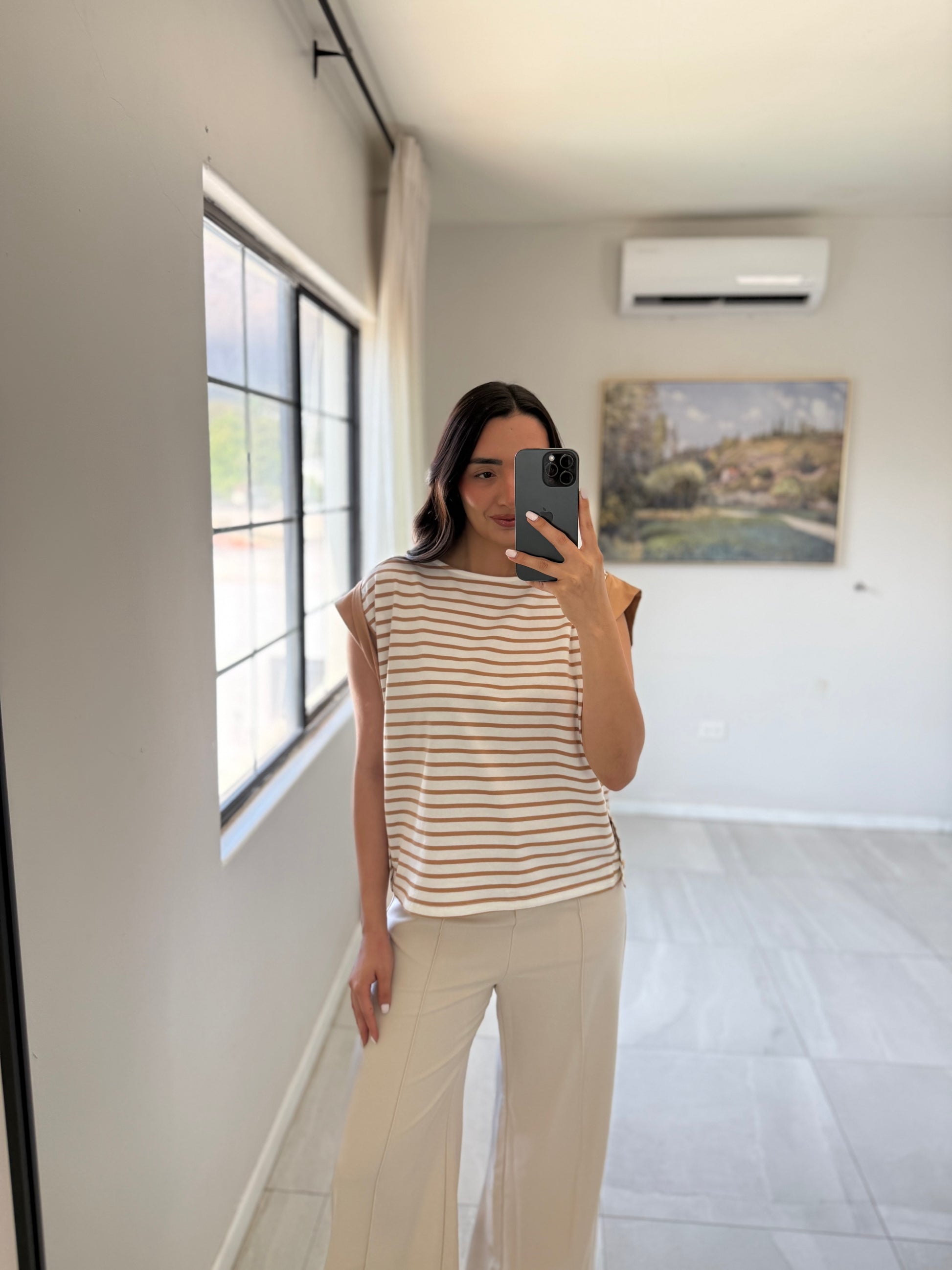Ivory Taupe Striped Tank