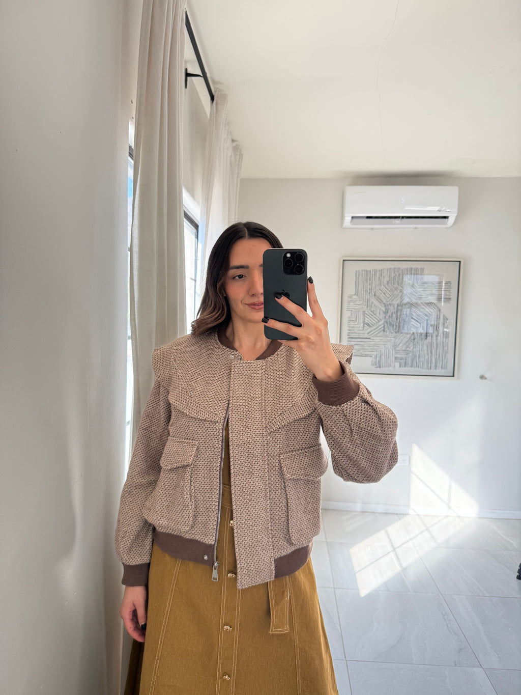 Taupe Ruffle Bomber Jacket