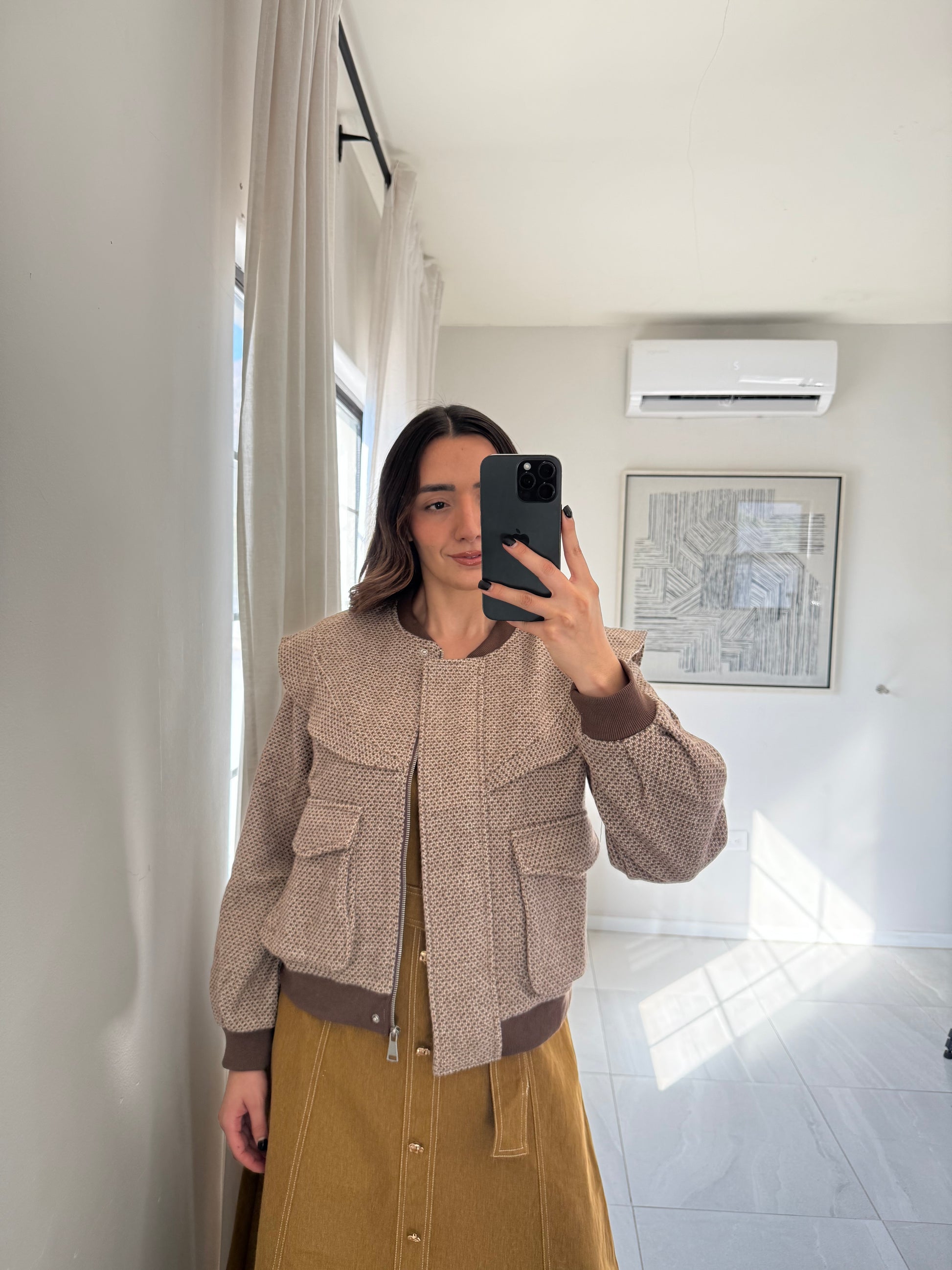 Taupe Ruffle Bomber Jacket