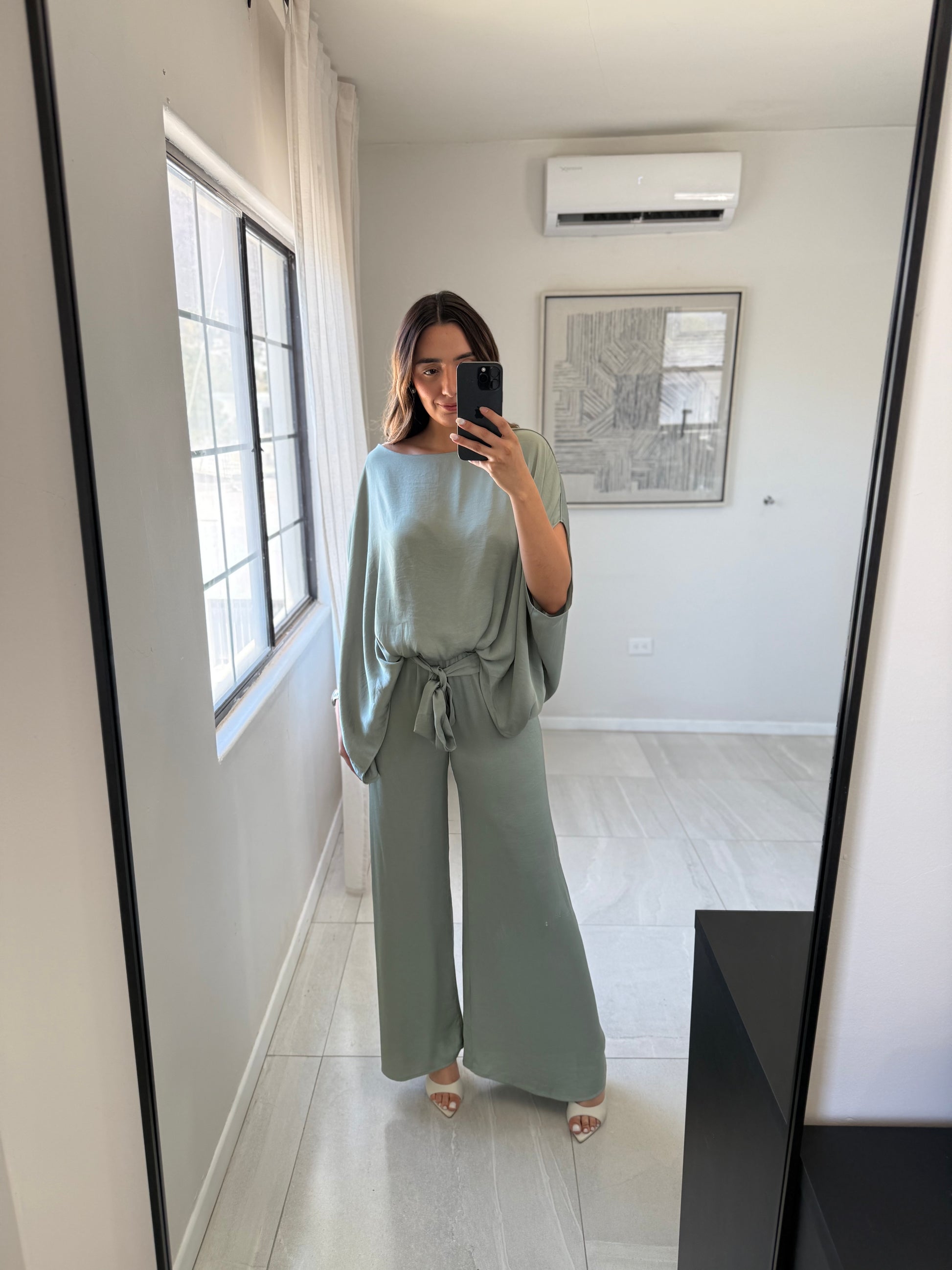 Washed Poly Boat Neck Set Sage