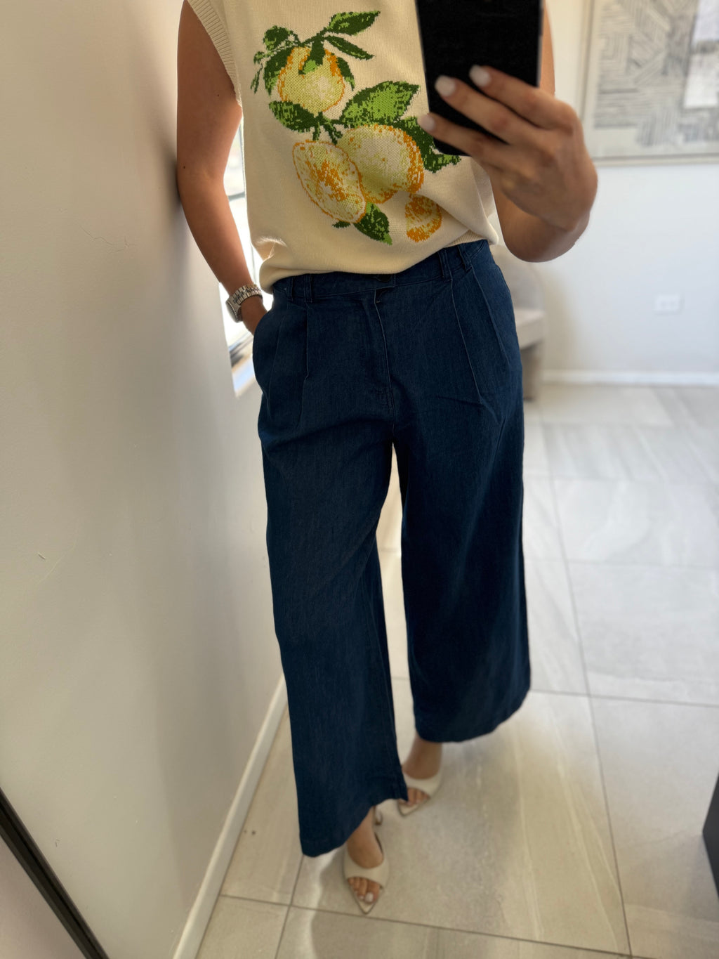 Chambray Pleated Wide Leg Pants