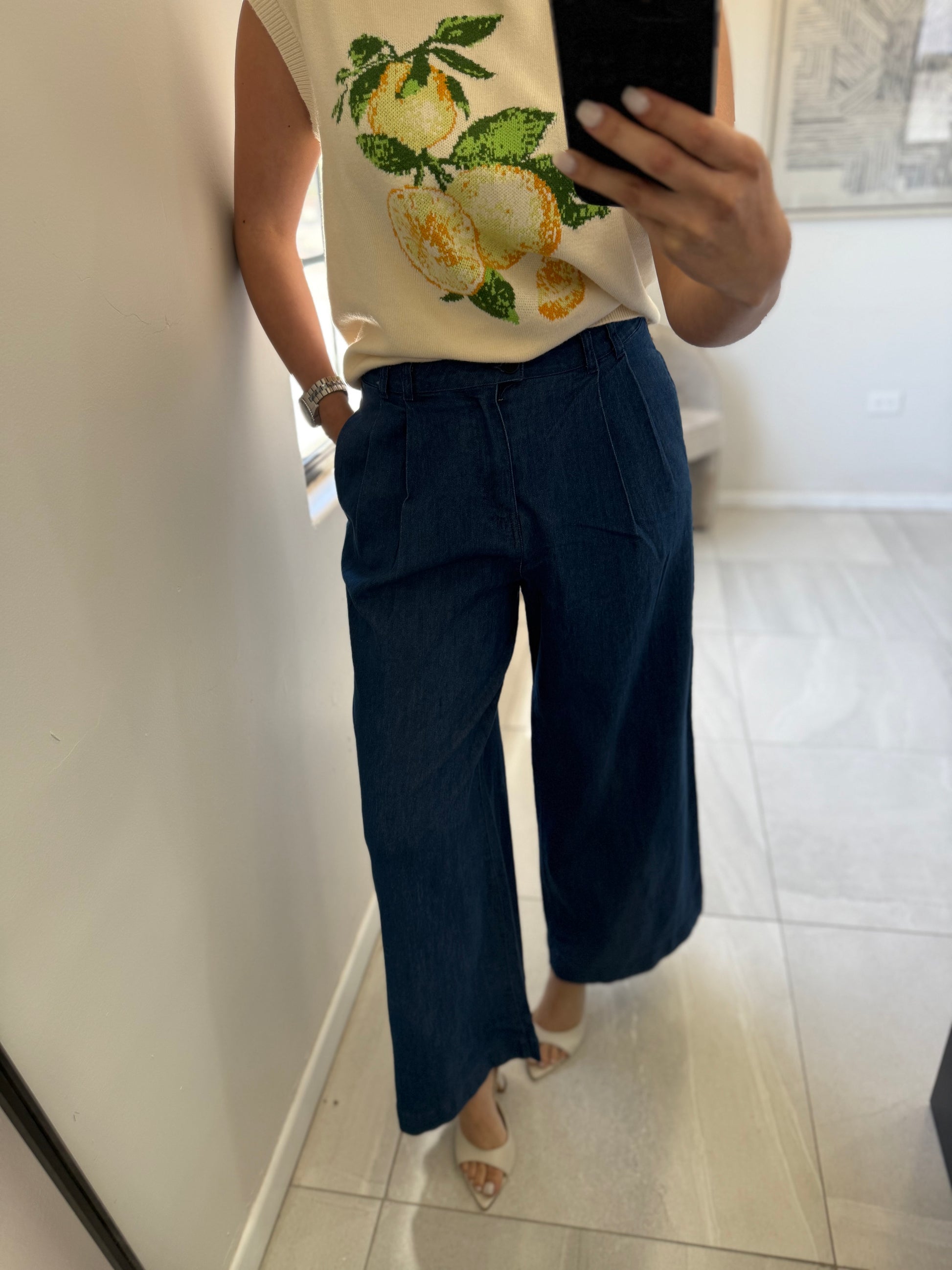 Chambray Pleated Wide Leg Pants