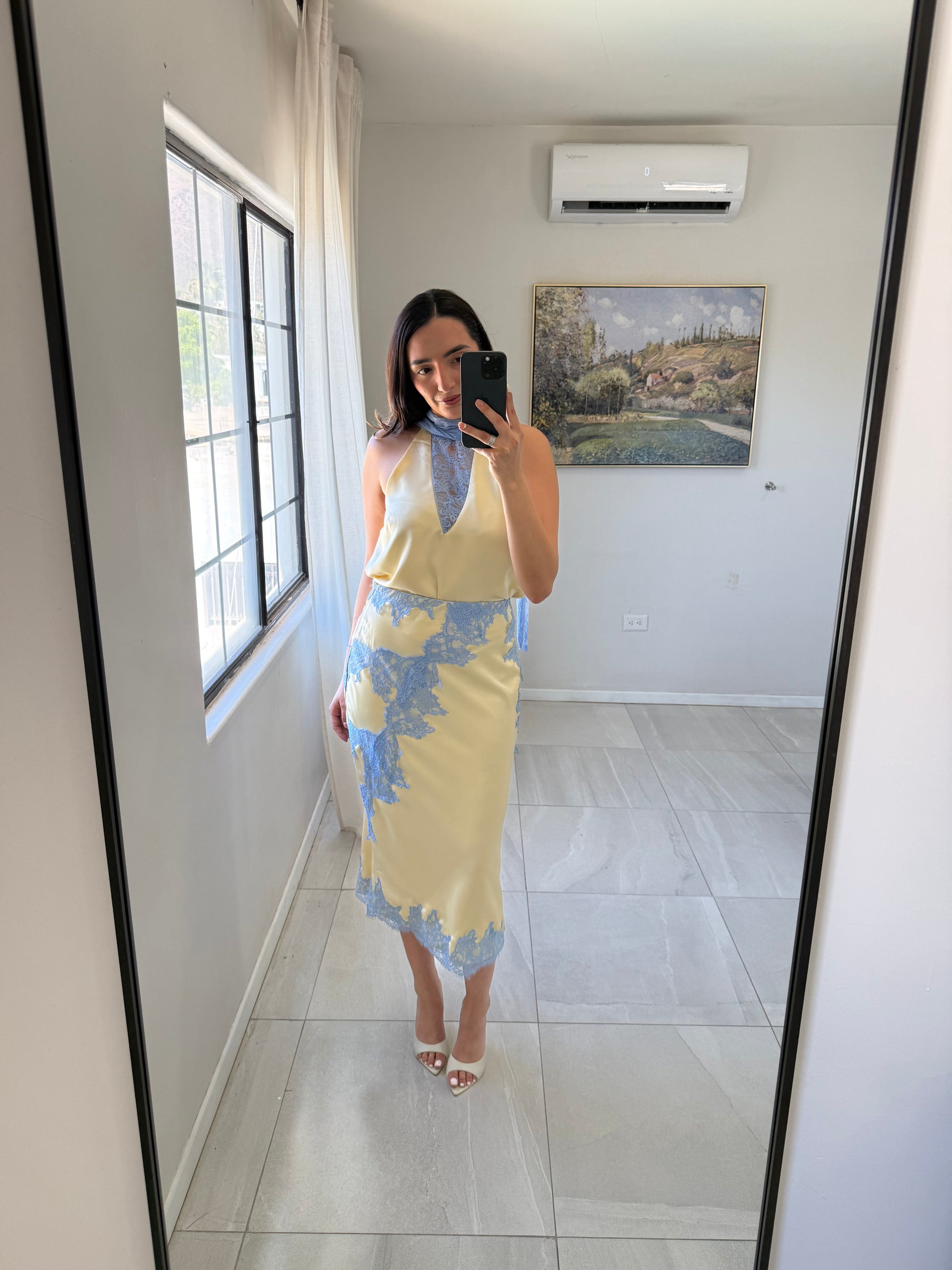 Yellow Satin Skirt Lace Set