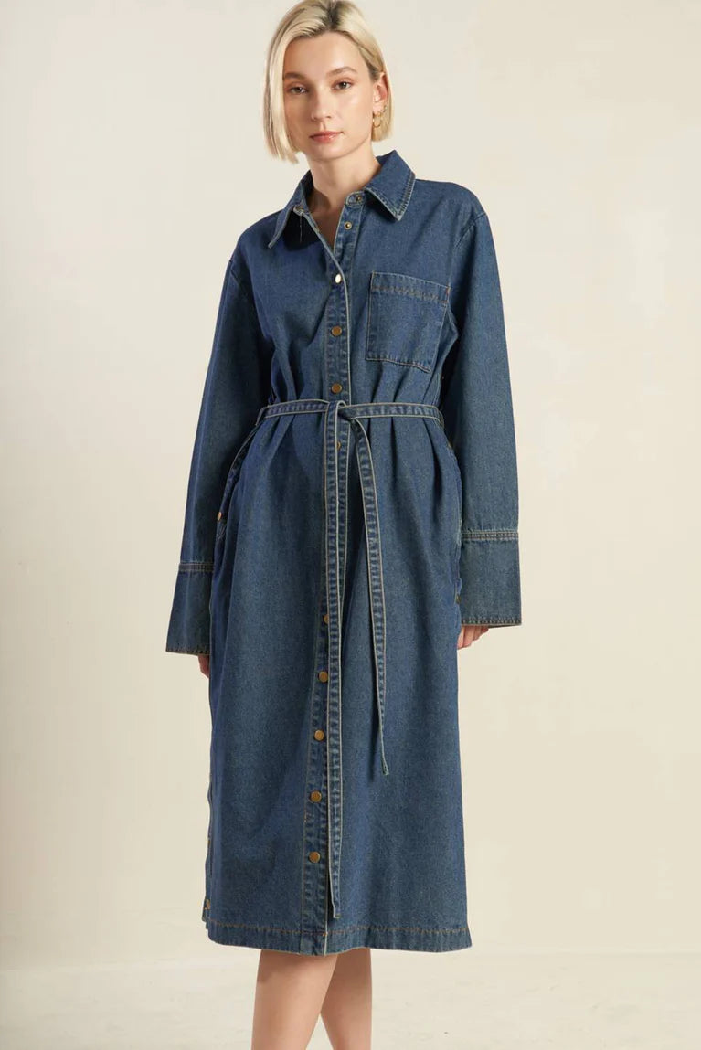 Denim Midi Dress Featuring Collar