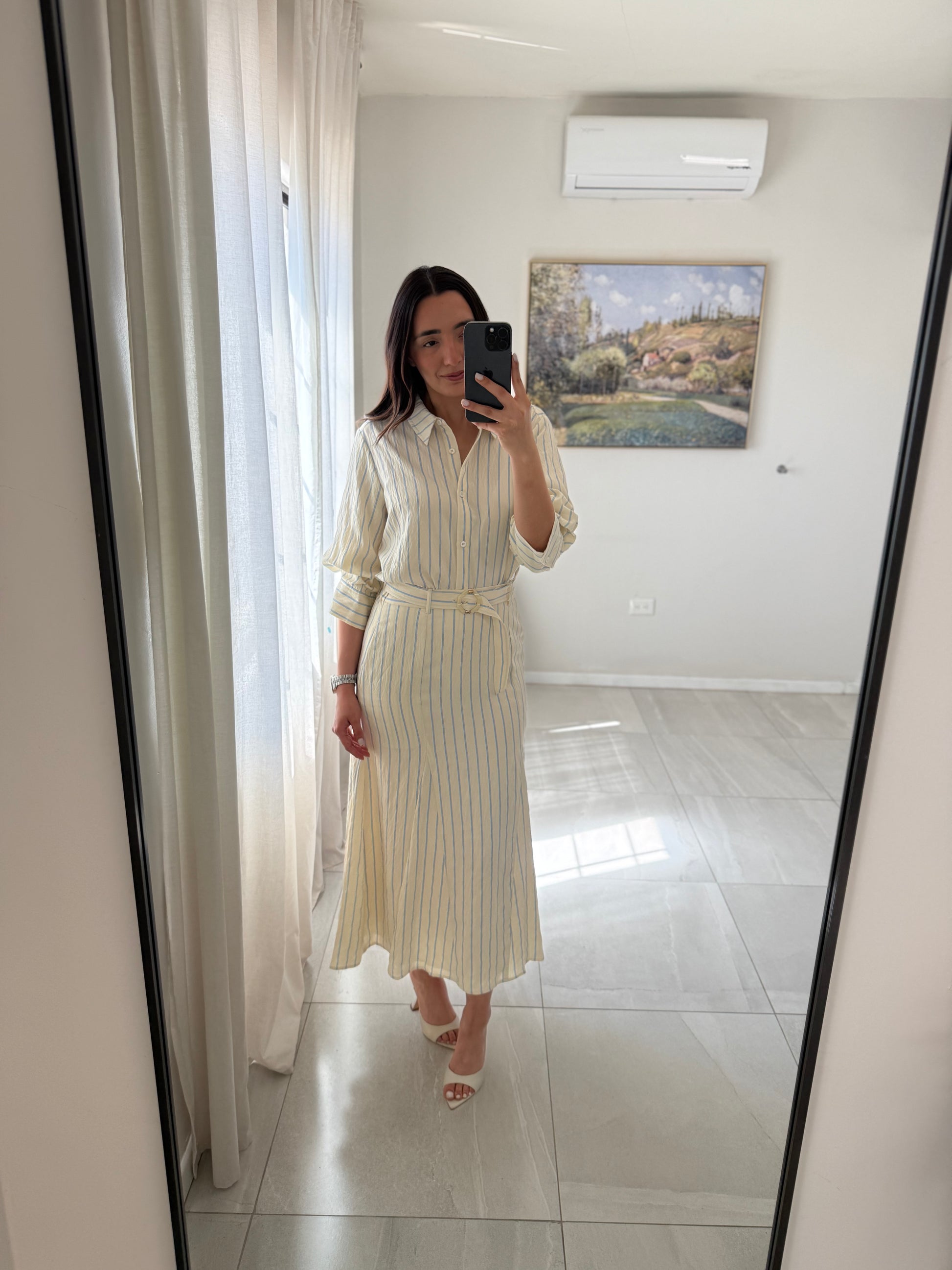 Ivory Blue Skirt Stripes Set