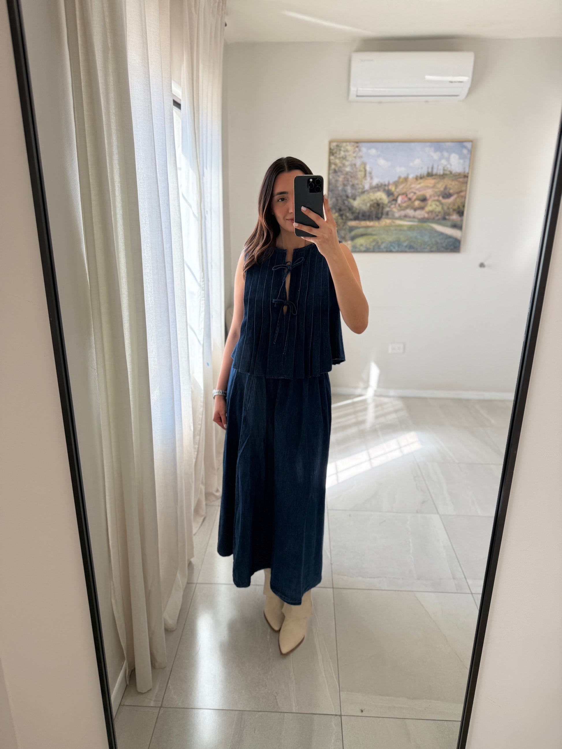 Denim Open Midi Skirt Set