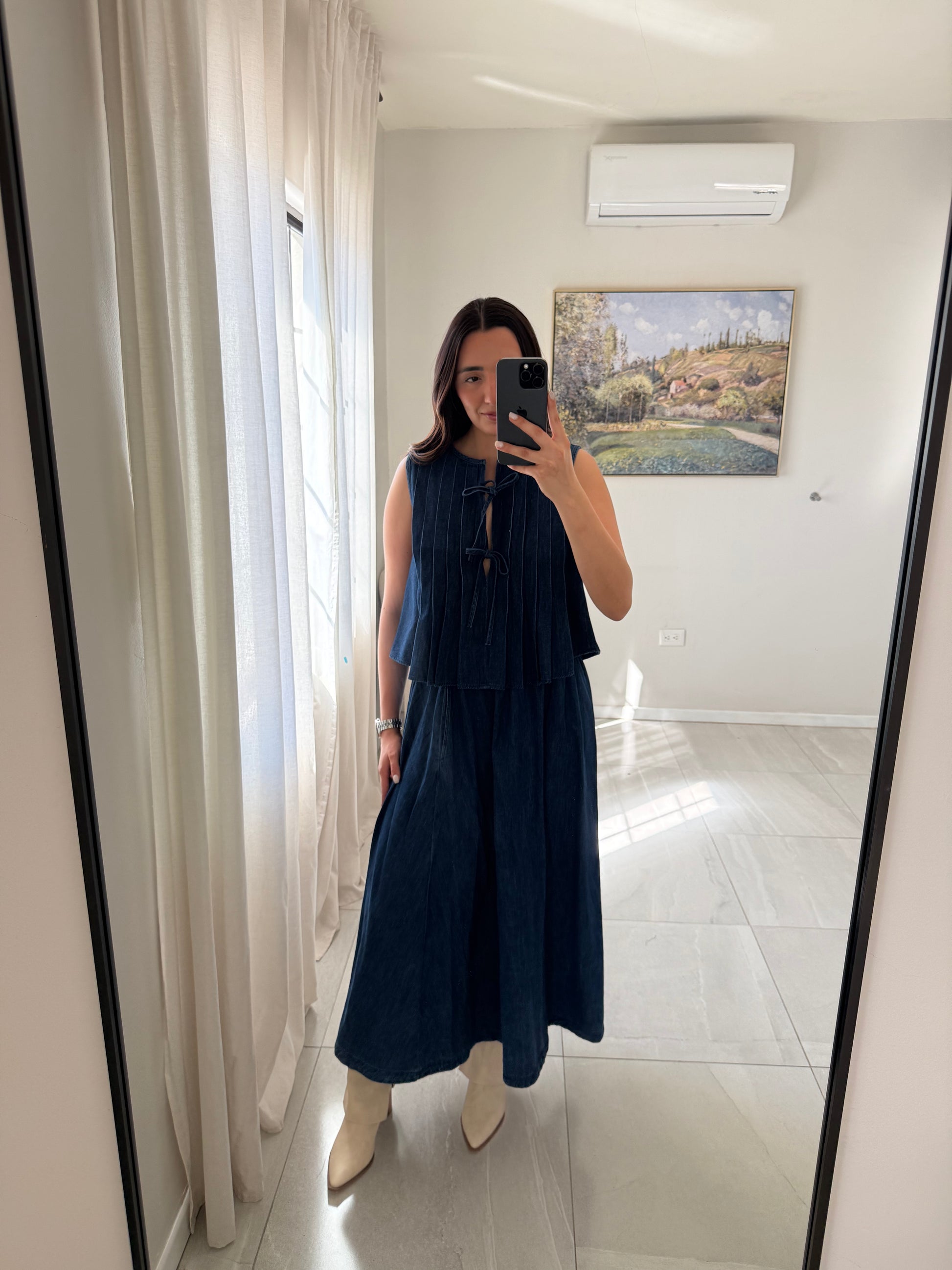 Denim Open Midi Skirt Set