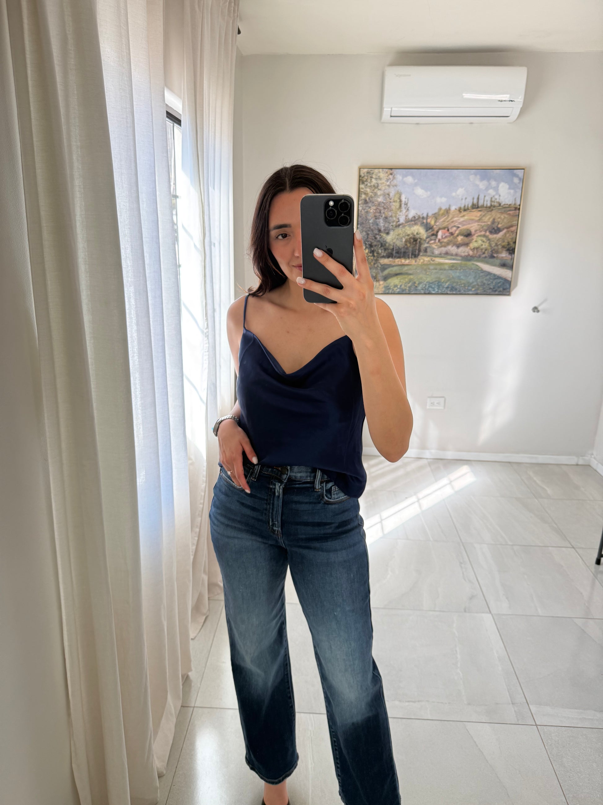 Navy Woven Basic Poly Top