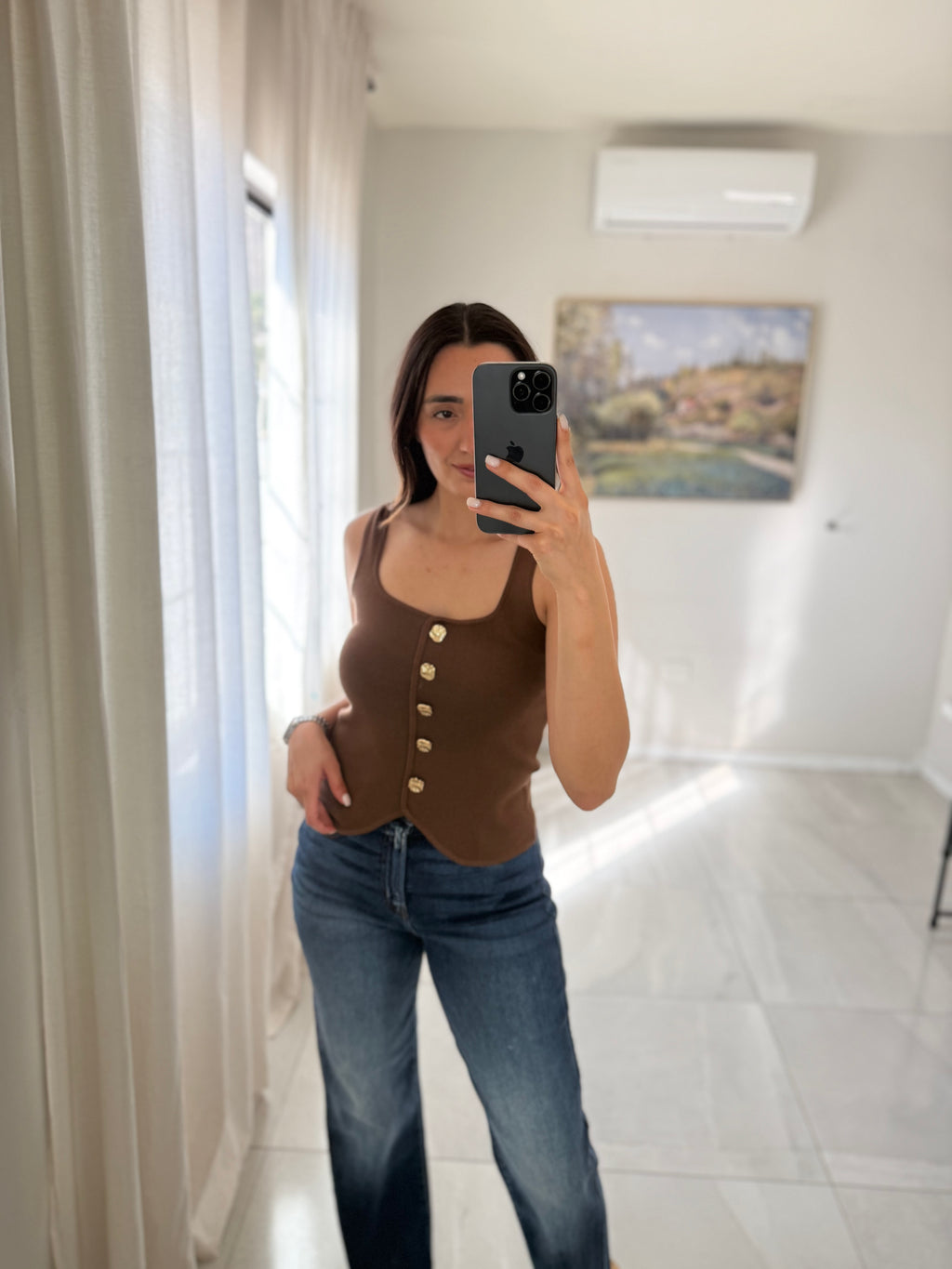 Brown Knit Top Gold Buttons