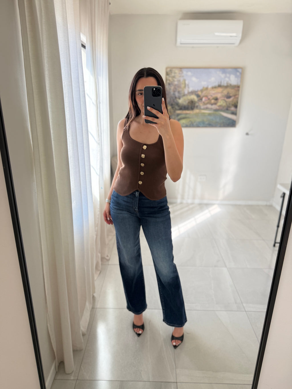 Brown Knit Top Gold Buttons